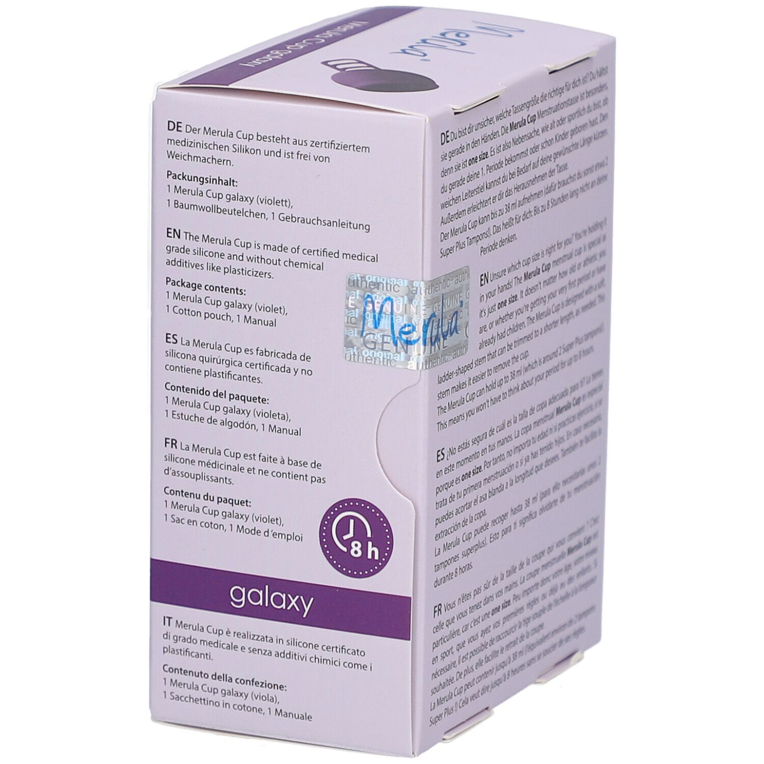 Seitenansicht der Verpackung Merula Cup Galaxy. Produktinformationen und Logo. Inhalt: 1 Cup, Beutel, Anleitung.