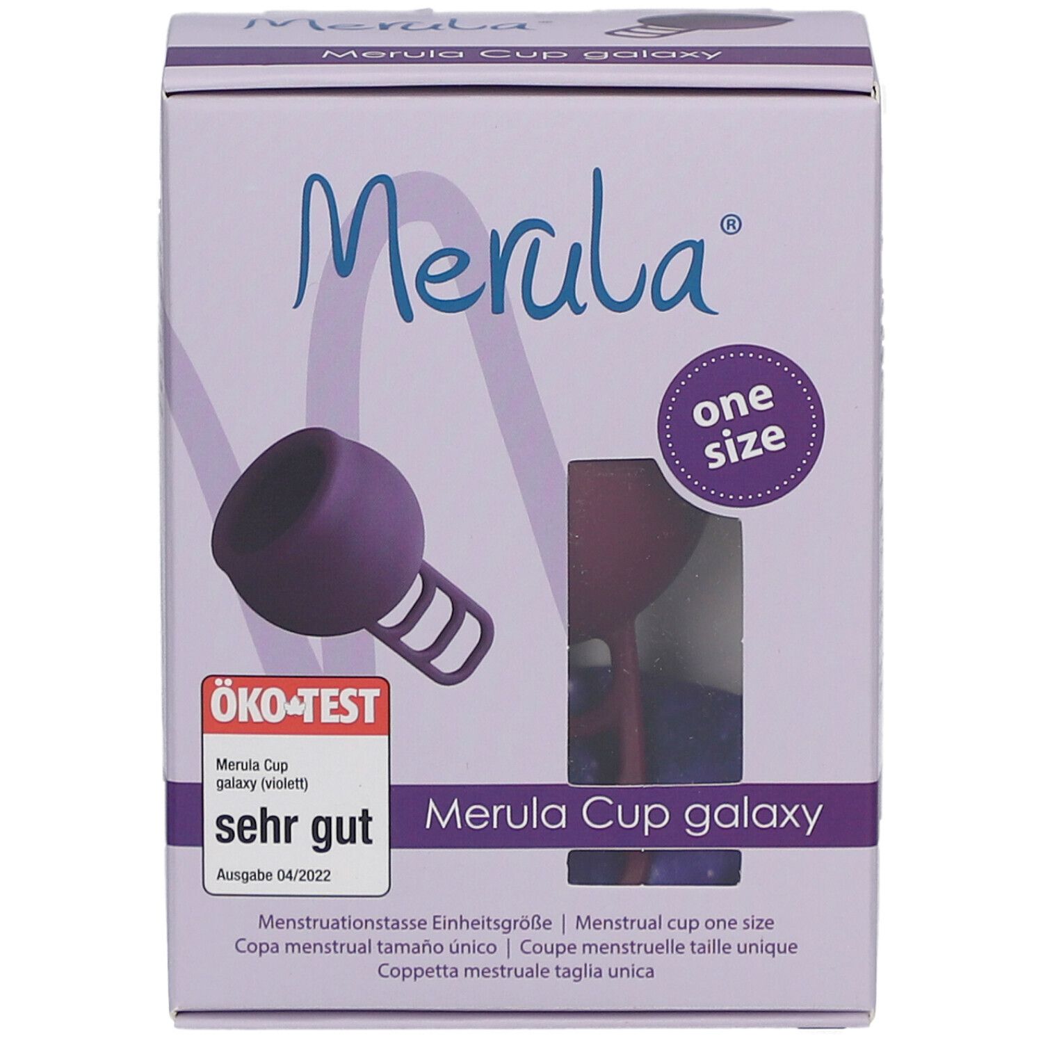 Verpackung Merula Cup Galaxy (violett). Produktansicht und Logo. "One size" und Öko-Test-Siegel.