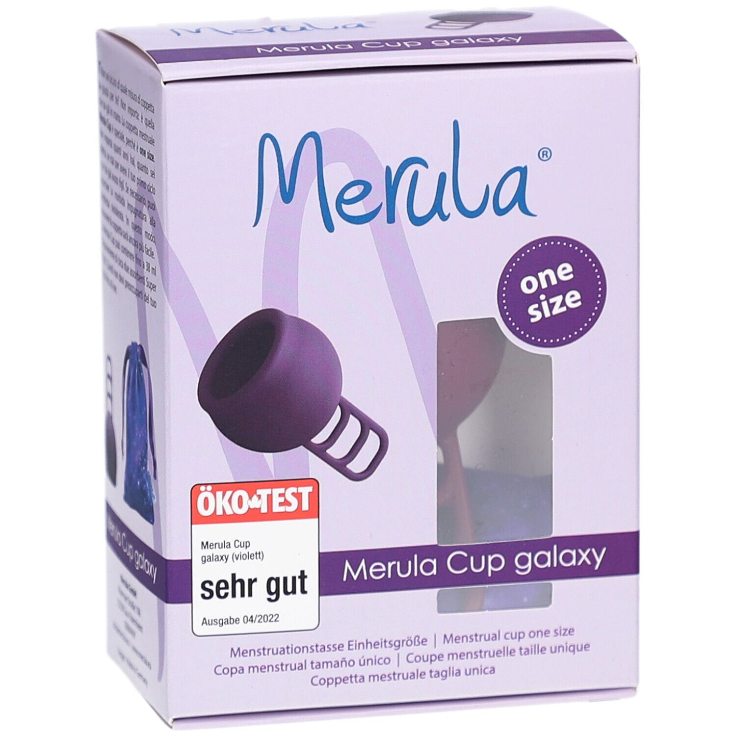 Verpackung Merula Cup Galaxy (violett). Produktansicht und Logo. "One size" und Öko-Test-Siegel.