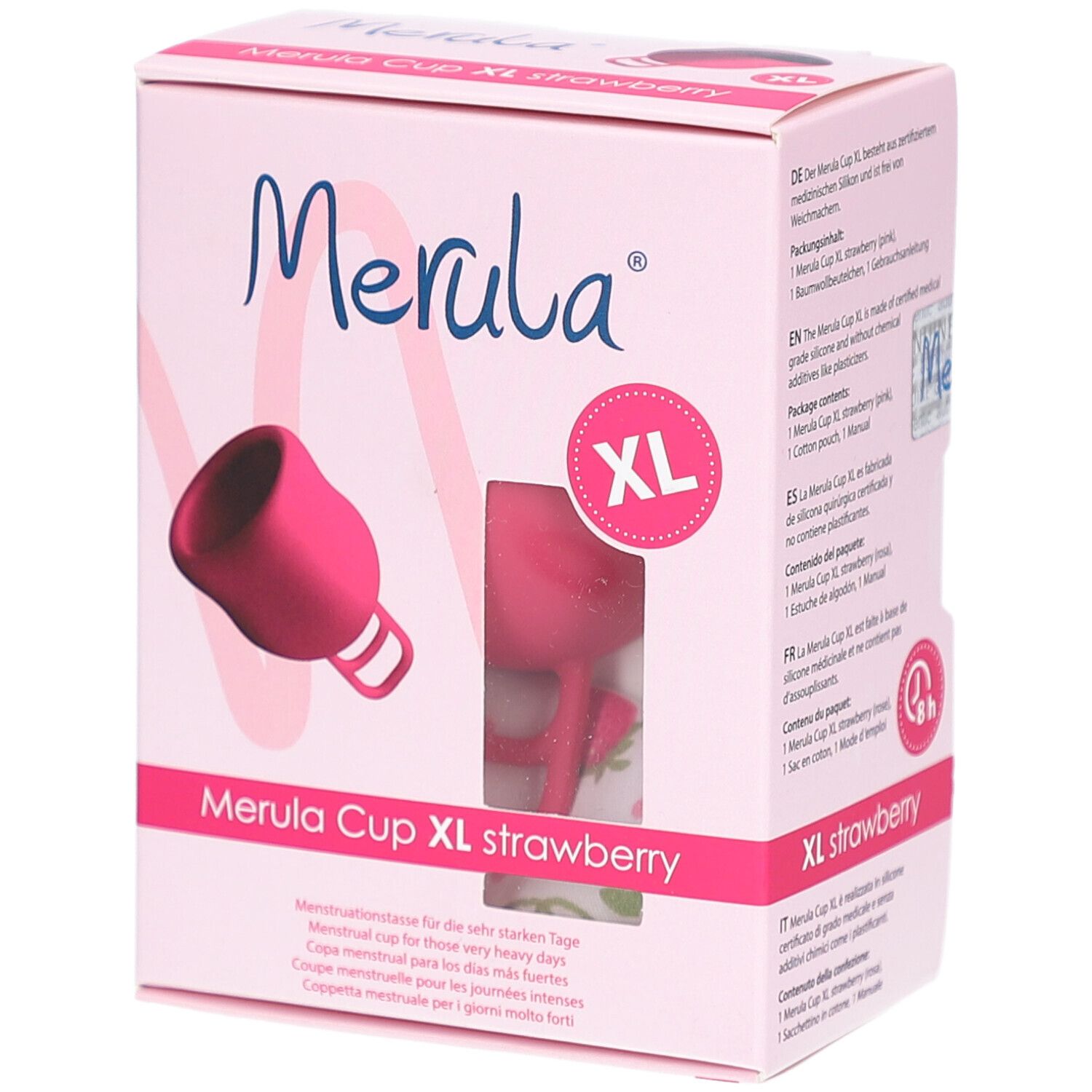 Rosa Merula Cup XL in Verpackung. Aufdruck: Merula, XL, Erdbeere. Menstruationstasse. Sichtfenster mit Tasse.