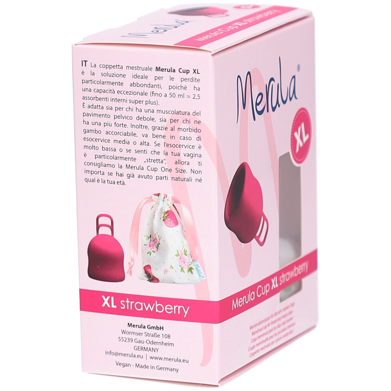 Verpackung Merula Cup XL, rosa. Aufdruck: Merula, XL, Erdbeere. Rückseite mit Text. Beutel und Tasse im Bild.