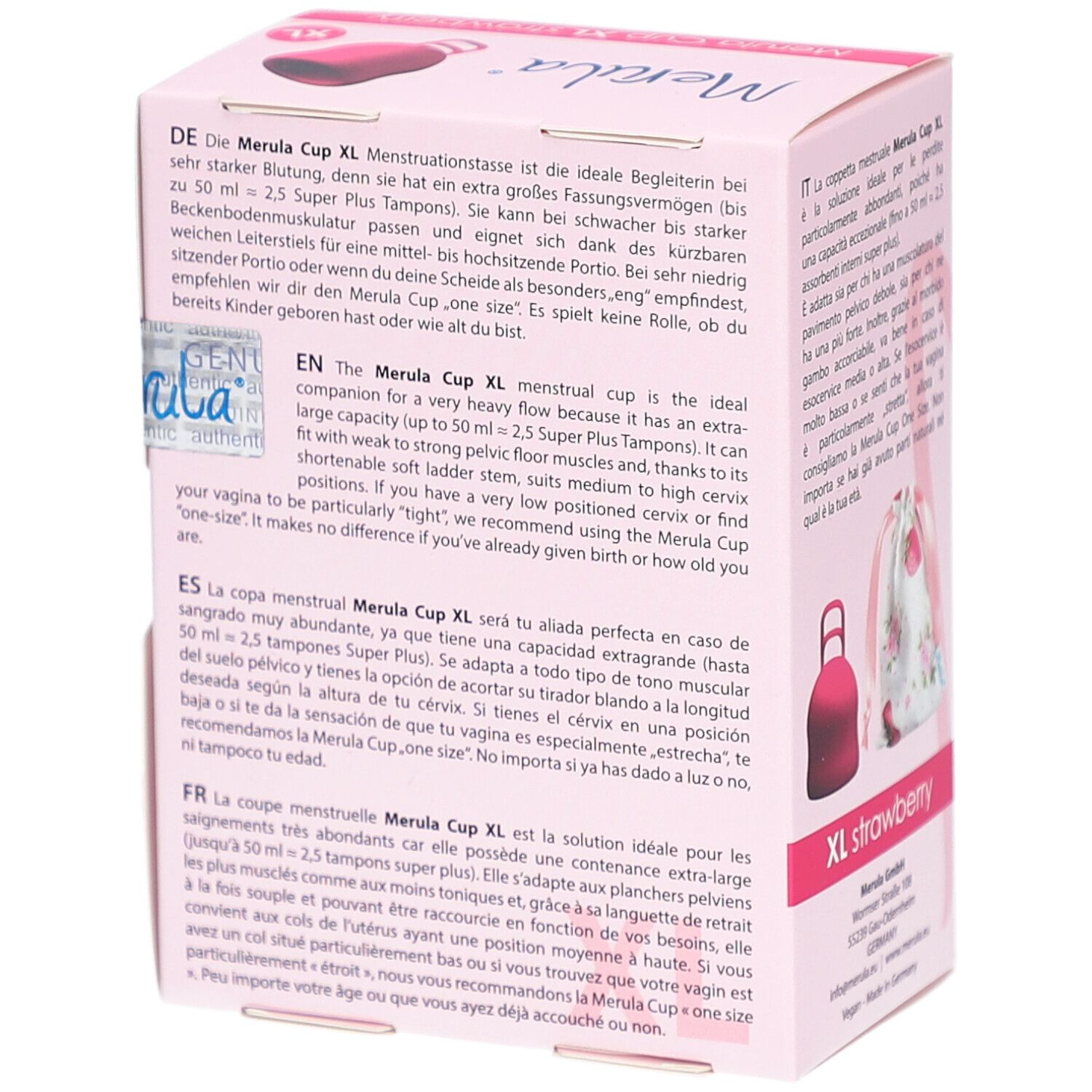 Verpackung Merula Cup XL, rosa. Aufdruck: Merula, XL, Erdbeere. Text auf der Verpackung. Rückansicht.