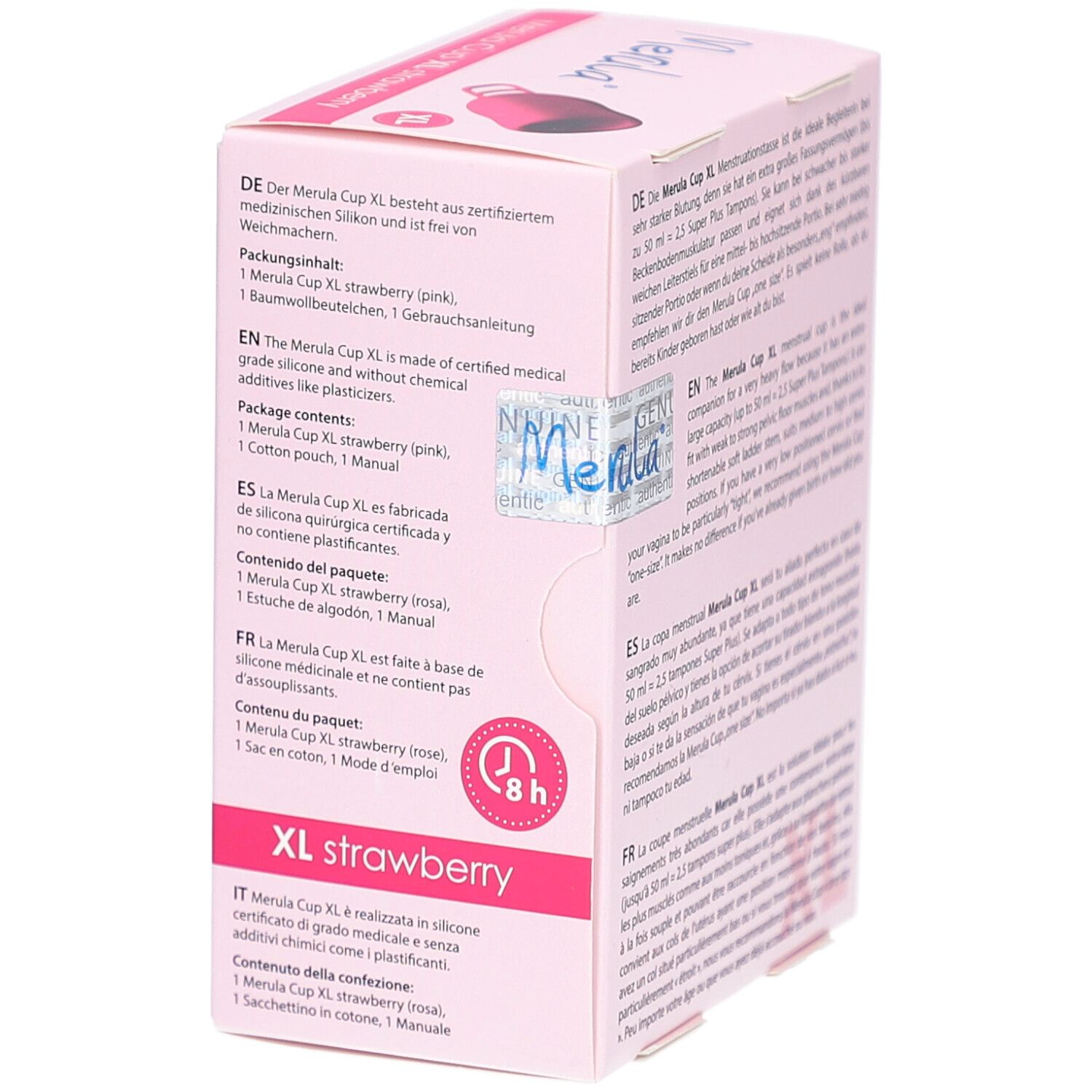 Verpackung Merula Cup XL, rosa. Aufdruck: Merula, XL, Erdbeere. Text auf der Verpackung. Detailansicht.