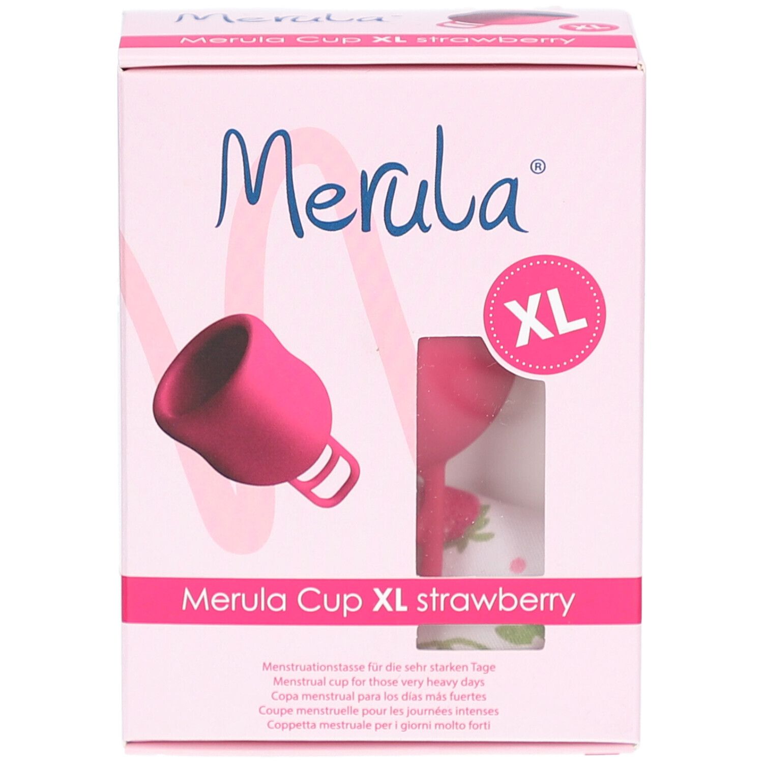 Rosa Merula Cup XL in Verpackung. Aufdruck: Merula, XL, Erdbeere. Menstruationstasse. Sichtfenster mit Tasse.