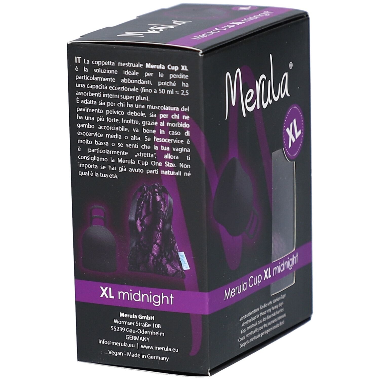 Produktverpackung mit Text auf verschiedenen Sprachen. Zeigt eine Menstruationstasse XL.