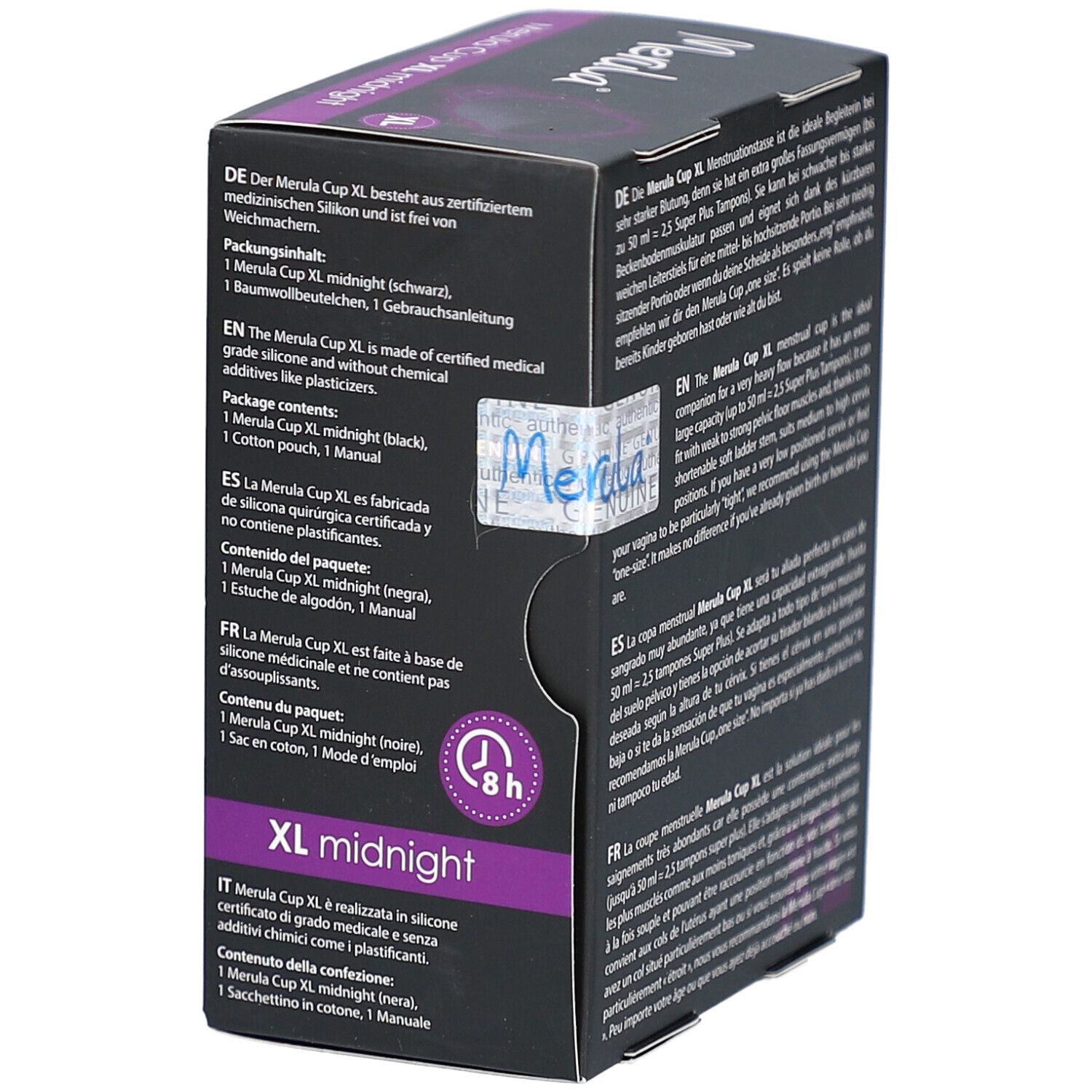 Produktverpackung mit Text in verschiedenen Sprachen. Zeigt eine Menstruationstasse XL.