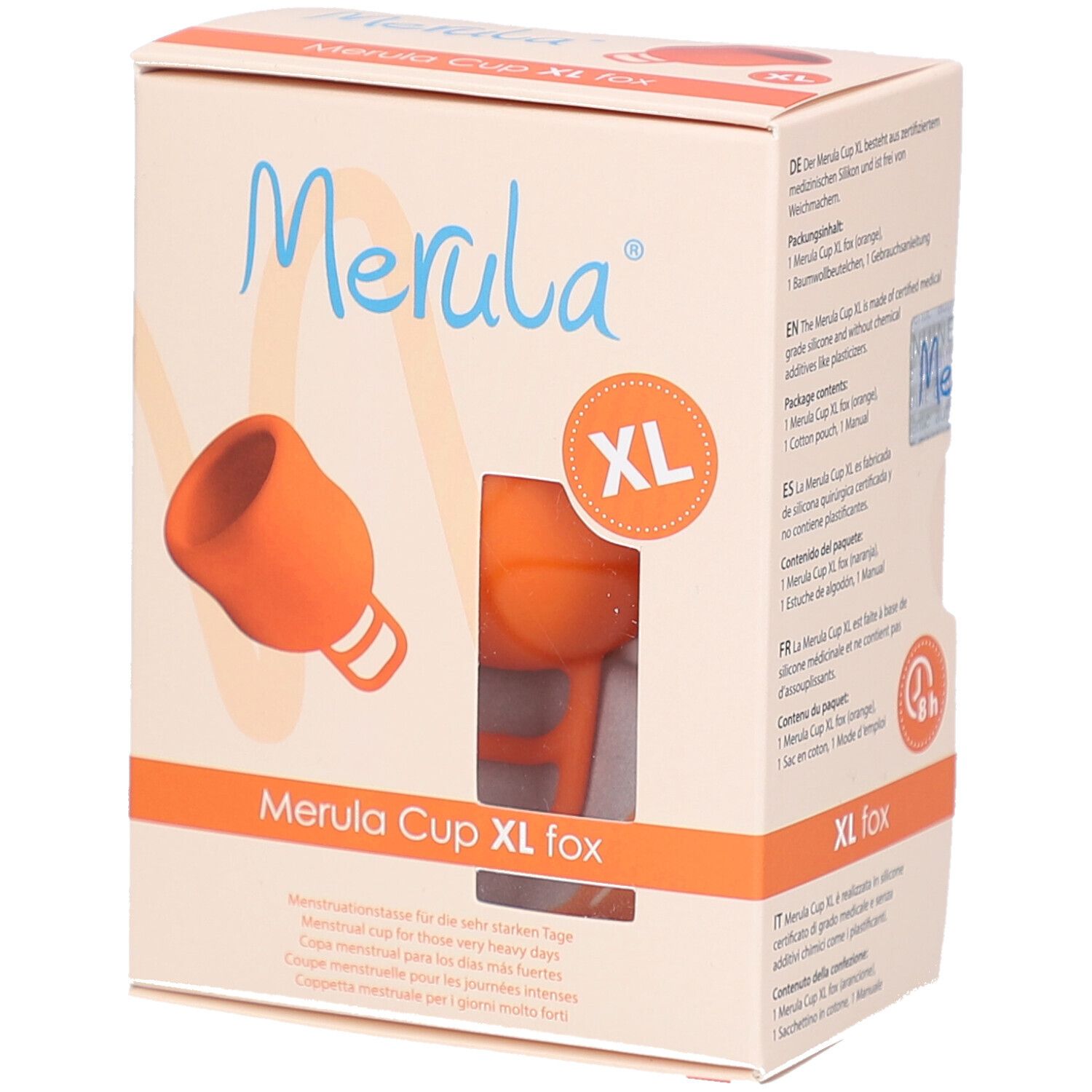Orange Menstruationstasse Merula Cup XL fox in Verpackung. XL-Kennzeichnung. Produktabbildung und Text.