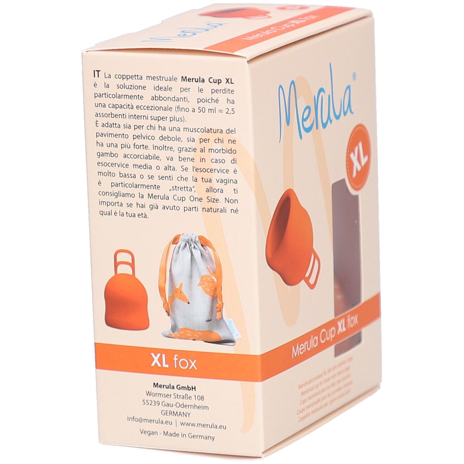 Rückseite der Verpackung Merula Cup XL fox. Produktabbildung, Beutel, Text. XL-Kennzeichnung.