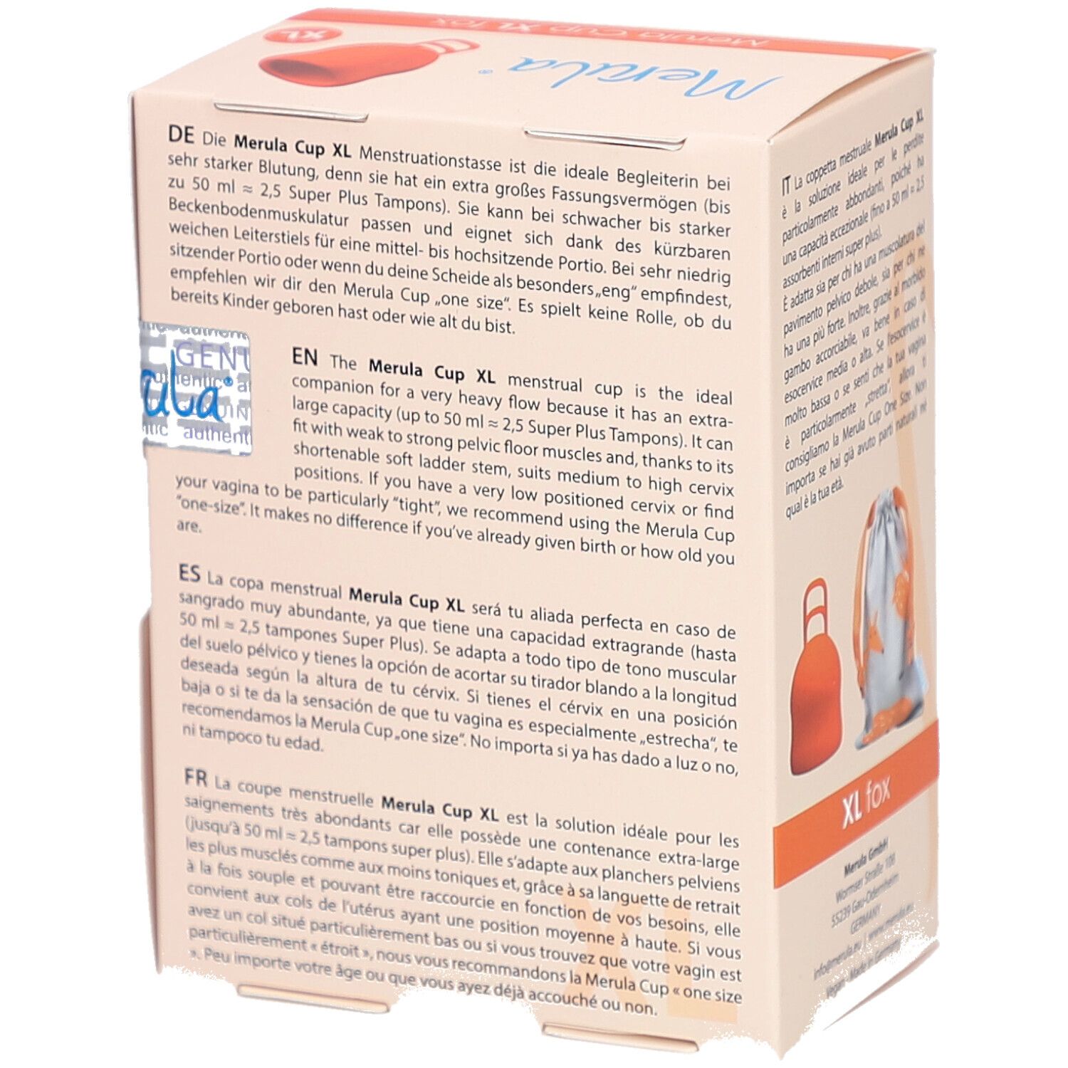 Verpackung Merula Cup XL fox. Text, Produktabbildung, Beutel. XL-Kennzeichnung.