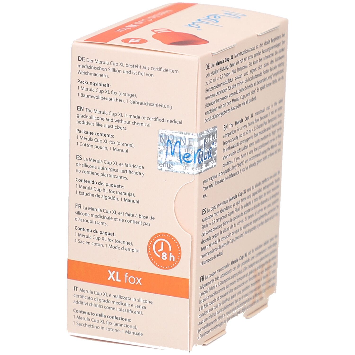 Verpackung Merula Cup XL fox. Text, Produktabbildung, Inhalt. XL-Kennzeichnung.