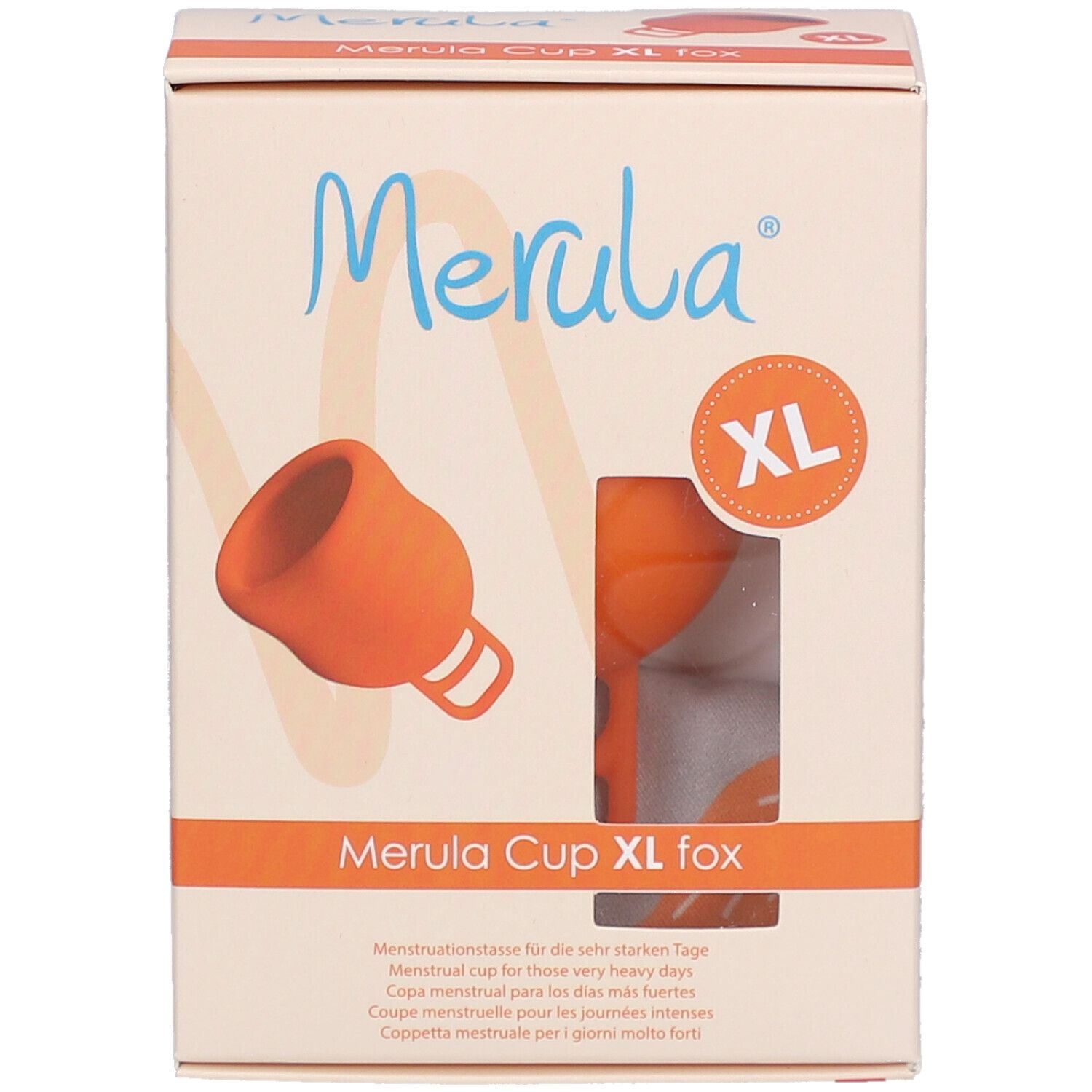 Vorderseite der Verpackung Merula Cup XL fox. Produktabbildung, Text. XL-Kennzeichnung.