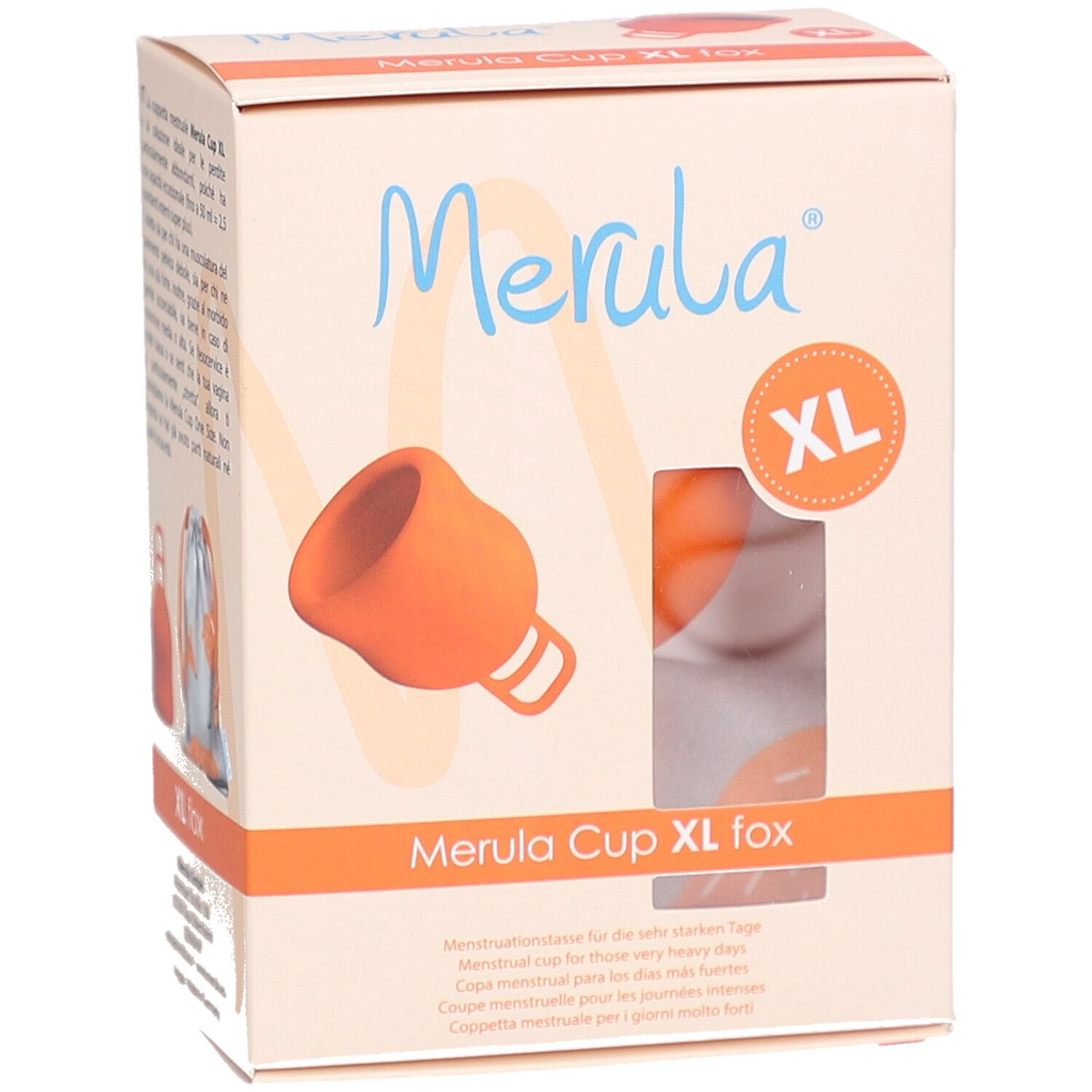 Verpackung Merula Cup XL fox. Produktabbildung, Text. XL-Kennzeichnung.