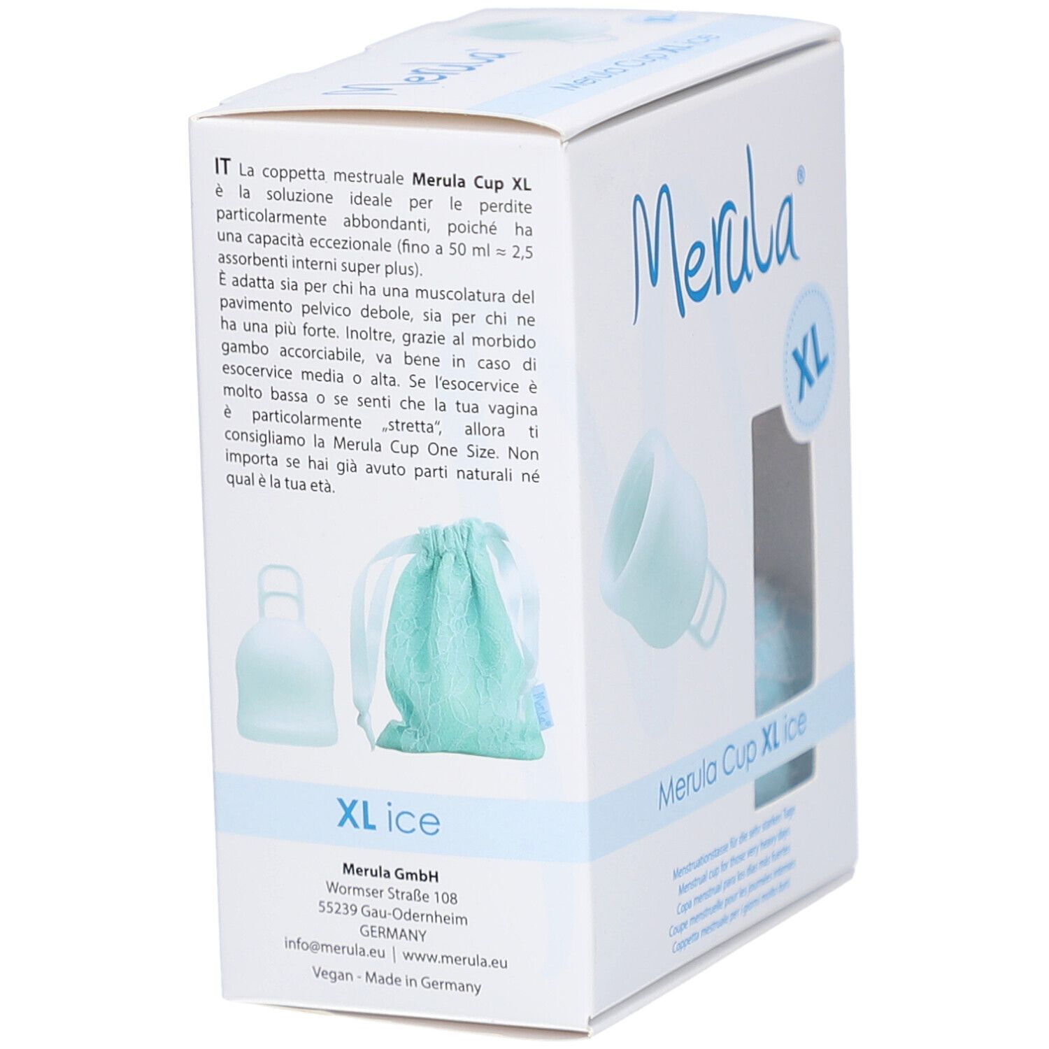 Merula Cup XL ice Verpackung. Produktabbildung, Beutel und Produktinformationen. XL-Kennzeichnung.