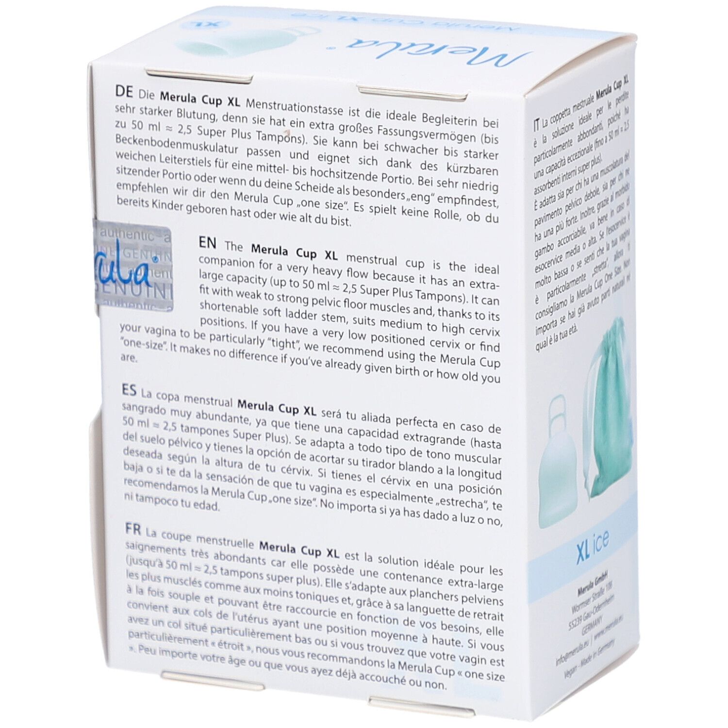 Merula Cup XL ice Verpackung. Produktinformationen, Beutelabbildung und XL-Kennzeichnung.