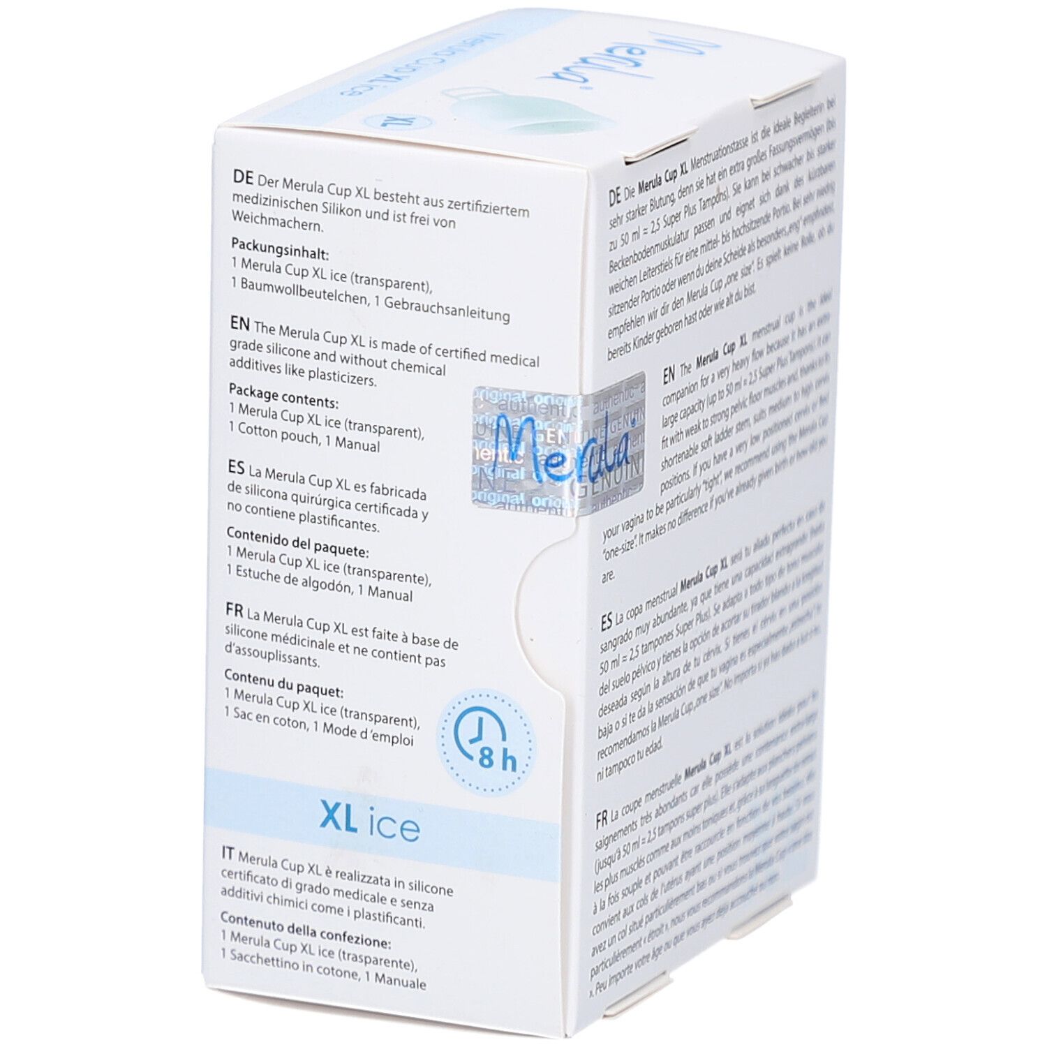 Merula Cup XL ice Verpackung. Produktinformationen, Inhaltsangabe und XL-Kennzeichnung.