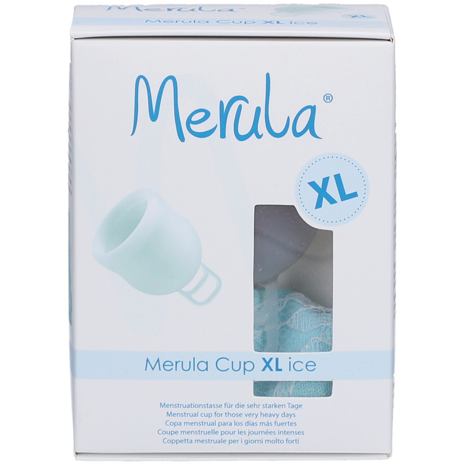 Merula Cup XL ice. Menstruationsbecher für sehr starke Tage. Verpackung mit Produktabbildung und XL-Kennzeichnung.