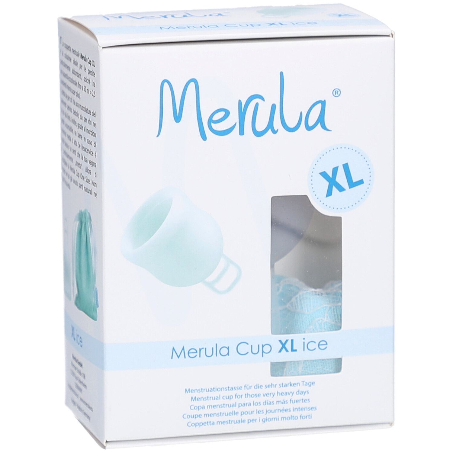Merula Cup XL ice. Menstruationsbecher für sehr starke Tage. Verpackung mit Produktabbildung und XL-Kennzeichnung.