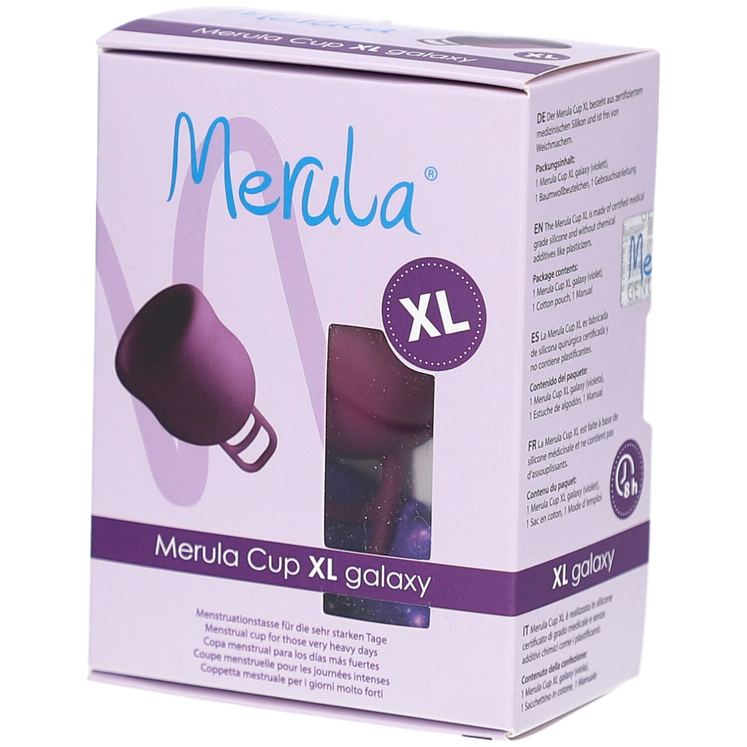 Verpackung Merula Cup XL galaxy. Lila Menstruationstasse, XL-Größe. Sichtfenster mit Produktabbildung.