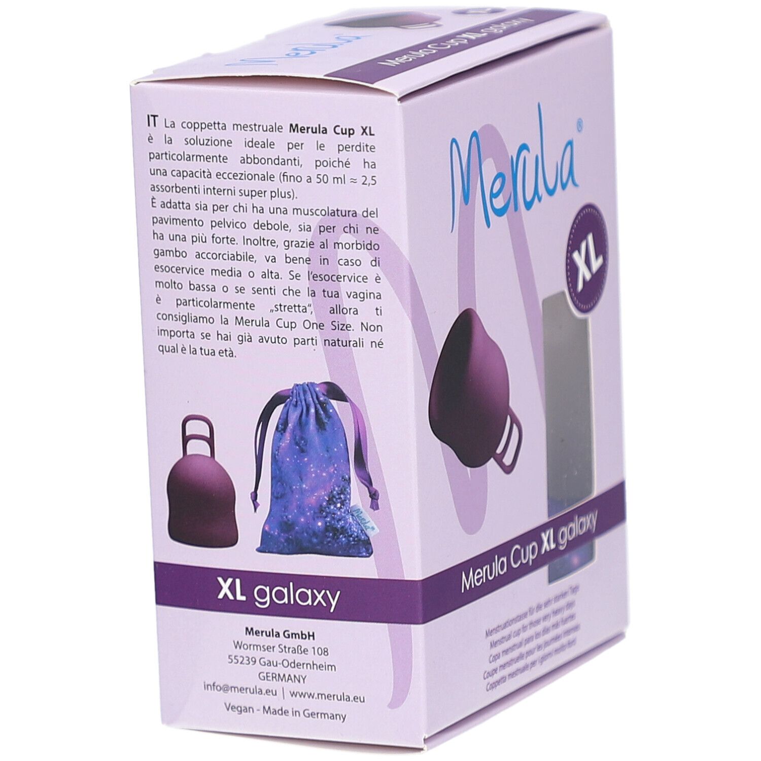 Verpackung Merula Cup XL galaxy. Rückseite mit Produktabbildung und Zubehör: Beutel.