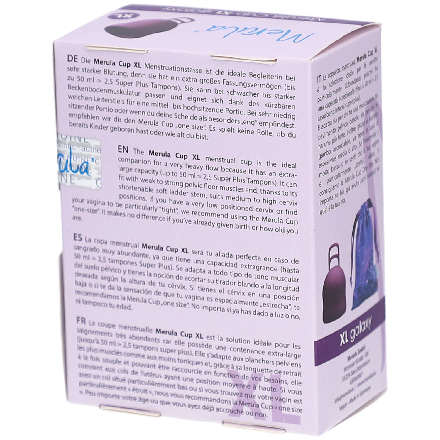 Verpackung Merula Cup XL galaxy. Text in Deutsch, Englisch, Spanisch und Französisch. Produktabbildung.
