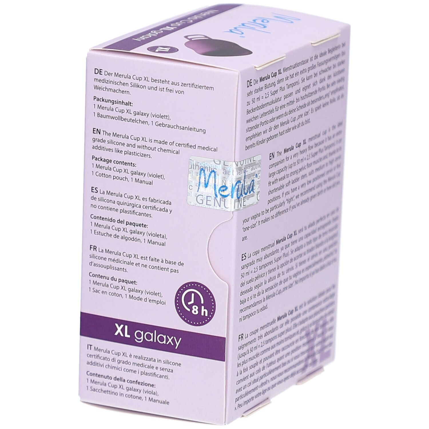 Verpackung Merula Cup XL galaxy. Inhalt: Menstruationstasse, Beutel, Anleitung. Zertifiziertes Silikon.