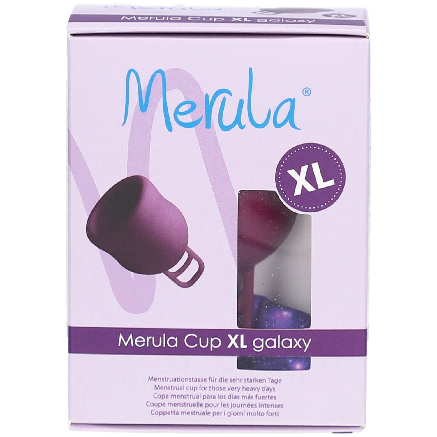 Verpackung Merula Cup XL galaxy. Lila Menstruationstasse, XL-Größe. Sichtfenster mit Produktabbildung.