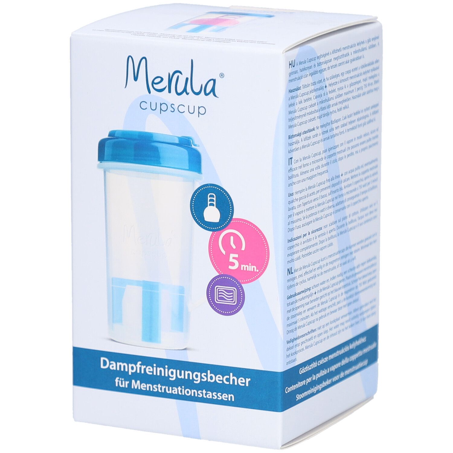 Verpackung mit Produktabbildung. Aufschrift: Merula cupscup, Dampfreinigungsbecher für Menstruationstassen. Becher mit blauem Deckel.