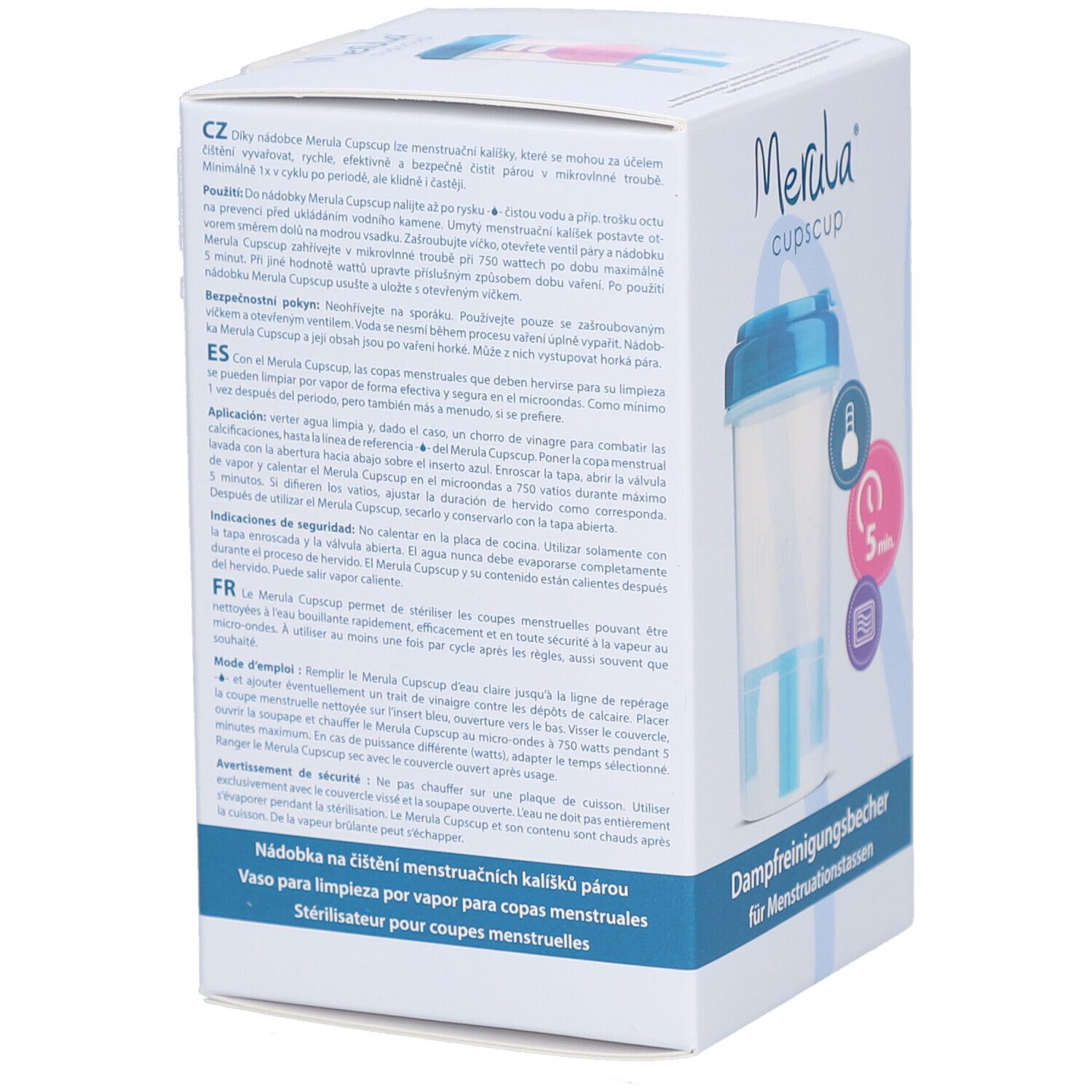 Produktverpackung, Seitenansicht. Aufschrift: Merula cupscup, Dampfreinigungsbecher für Menstruationstassen. Text in mehreren Sprachen.