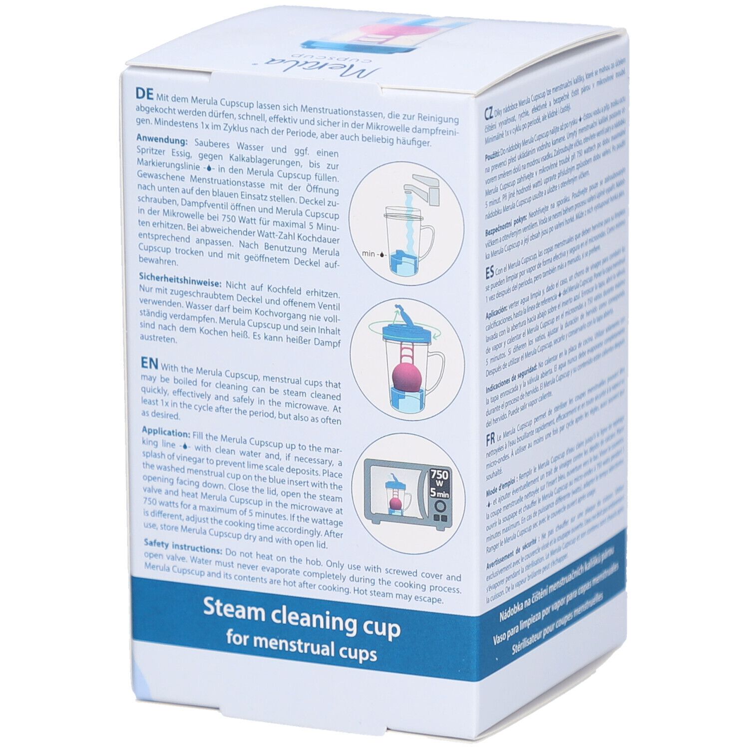 Produktverpackung, Rückseite. Aufschrift: Merula cupscup, Steam cleaning cup for menstrual cups. Illustrationen zur Anwendung.