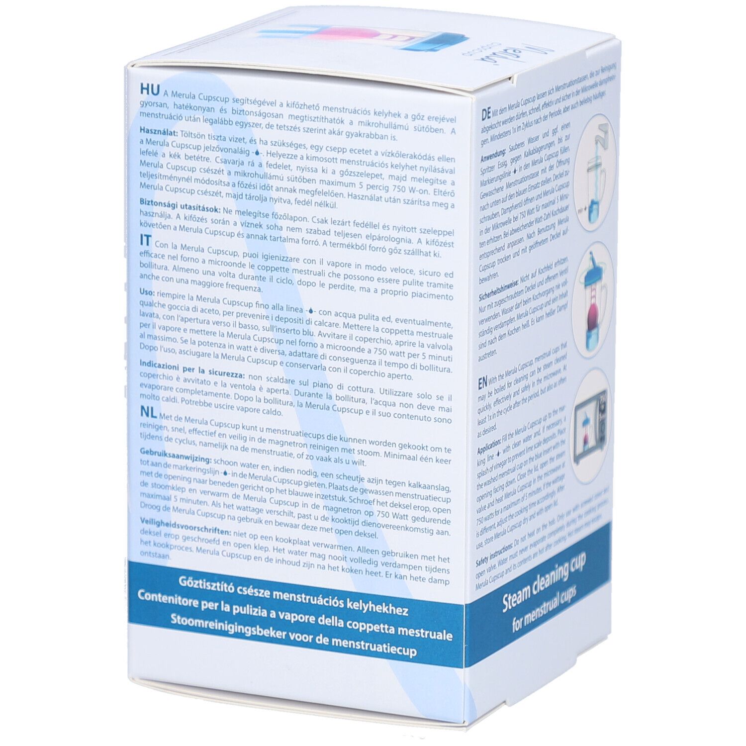 Produktverpackung, Rückseite. Aufschrift: Merula cupscup, Steam cleaning cup for menstrual cups. Text in mehreren Sprachen.