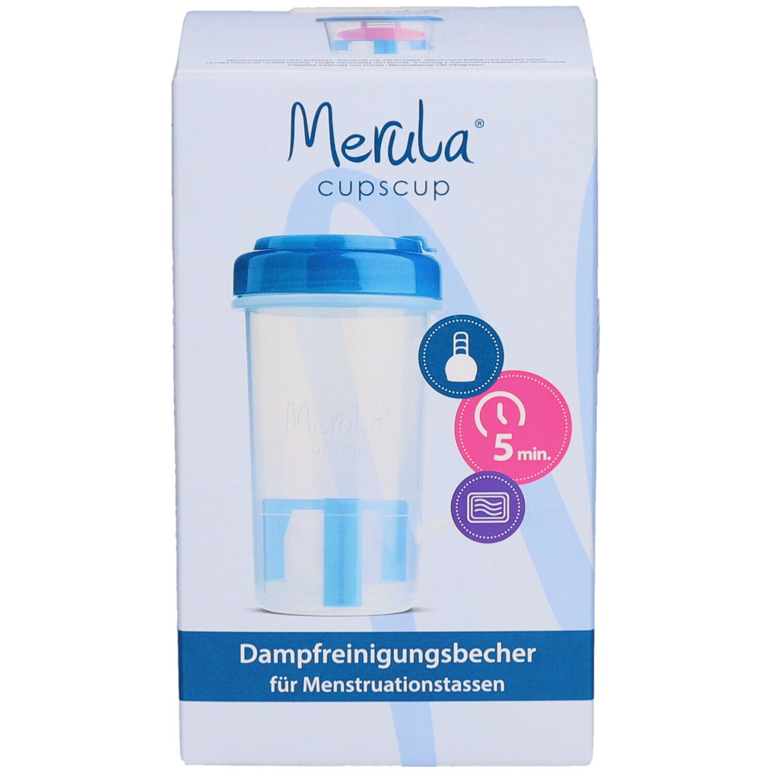 Produktverpackung, Frontansicht. Aufschrift: Merula cupscup, Dampfreinigungsbecher für Menstruationstassen. Becher mit blauem Deckel.