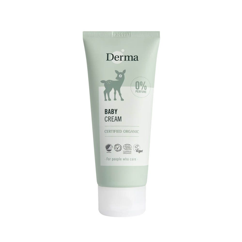 Tube vert clair avec bouchon blanc. Inscription "Derma", silhouette de faon, "Baby Cream", "Certified Organic" et "0% Perfume".