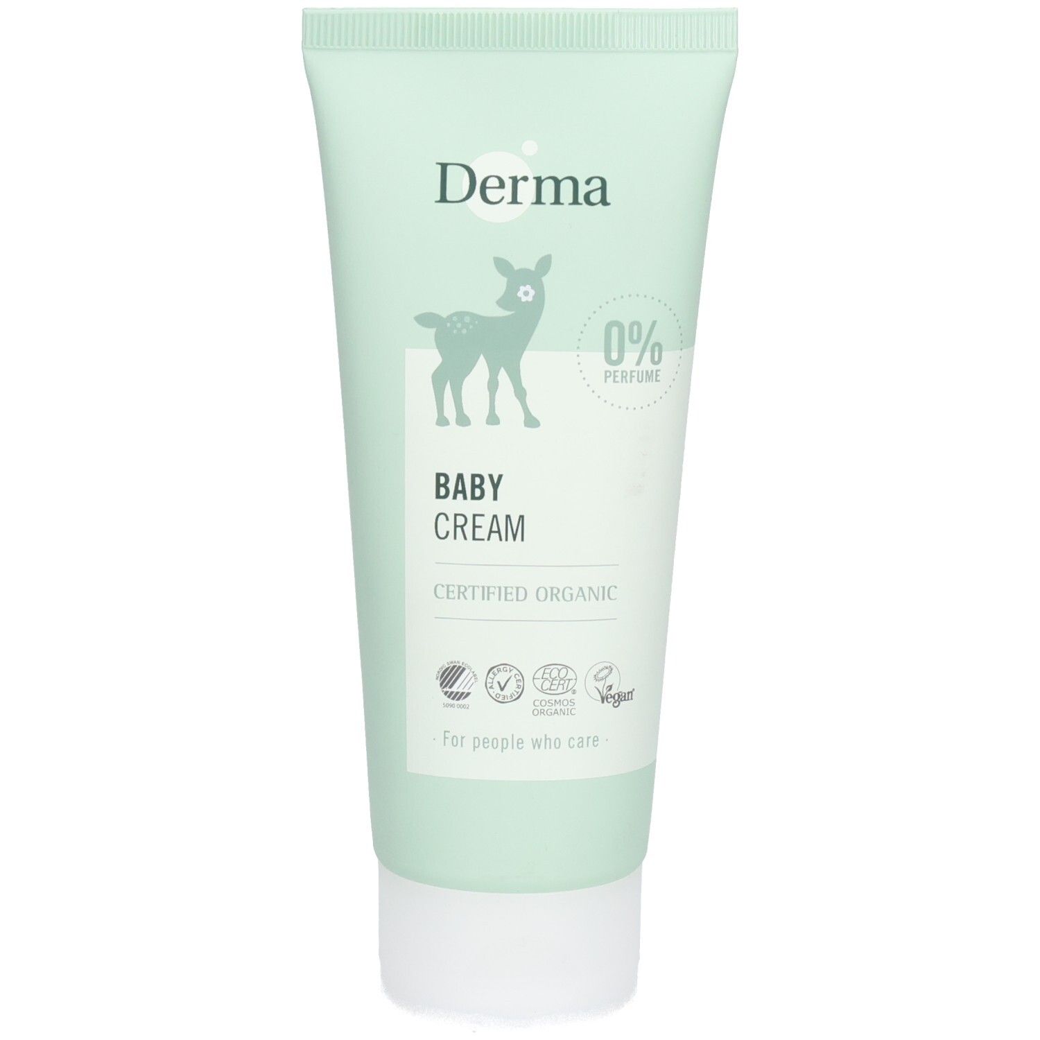 Hellgrüne Tube mit weißem Verschluss. Aufschrift "Derma", Reh-Silhouette, "Baby Cream", "Certified Organic" und "0% Perfume".