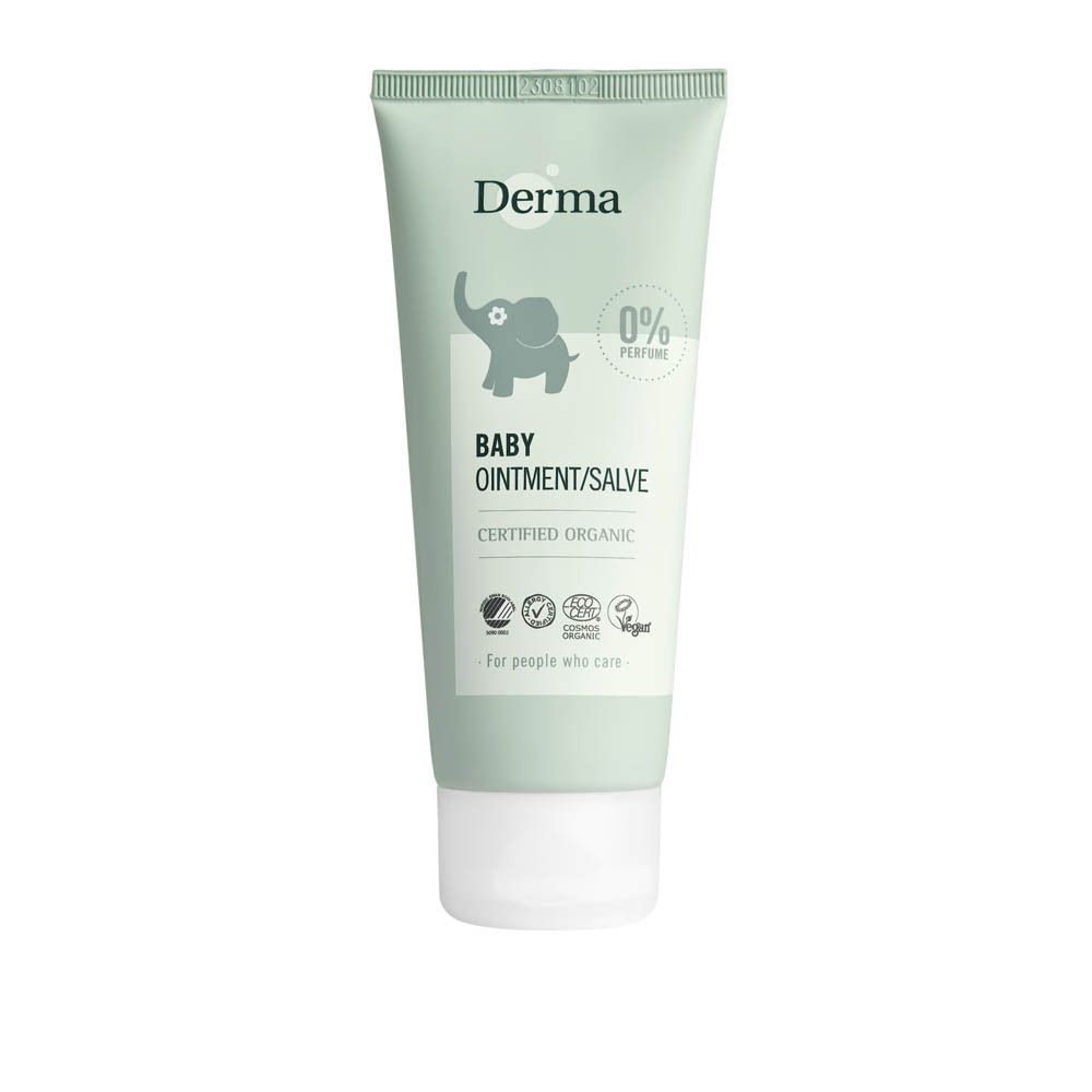 Tube vert clair avec bouchon blanc. Inscription "Derma", illustration d'éléphant, "Baby Ointment/Salve", certifications et "0% perfume".