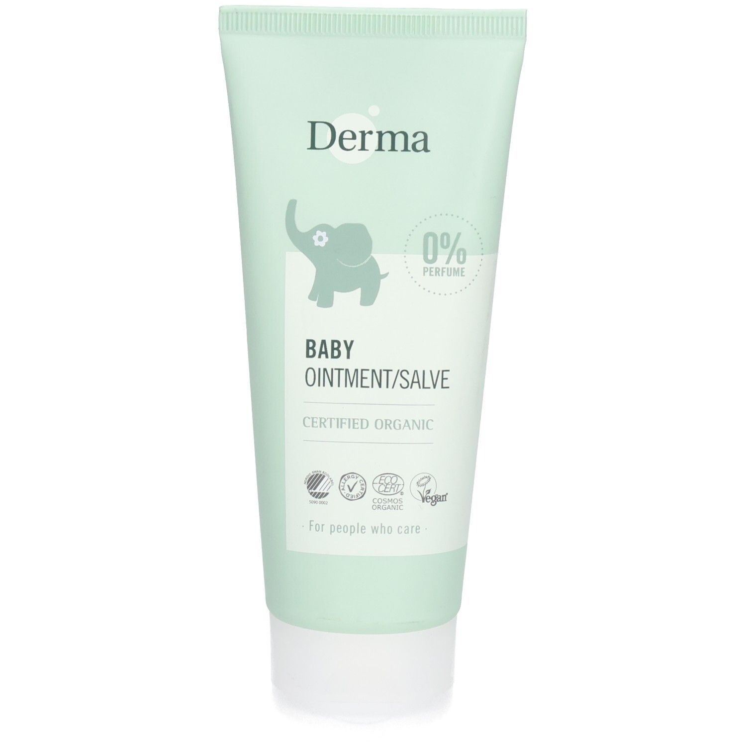 Hellgrüne Tube mit weißem Deckel. Aufschrift "Derma", Elefanten-Illustration, "Baby Ointment/Salve", Zertifizierungen und "0% perfume".