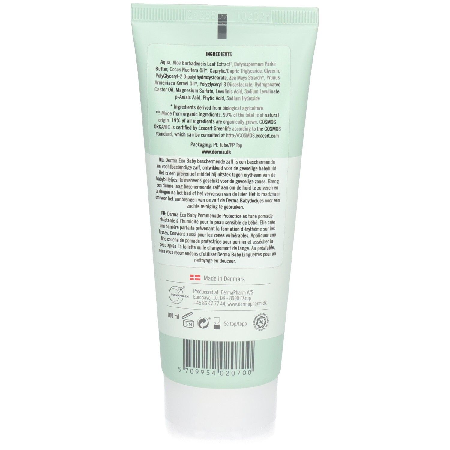 Rückseite der Tube. Enthält Inhaltsstoffe, Text in mehreren Sprachen, Produktionsinformationen und Zertifizierungen.