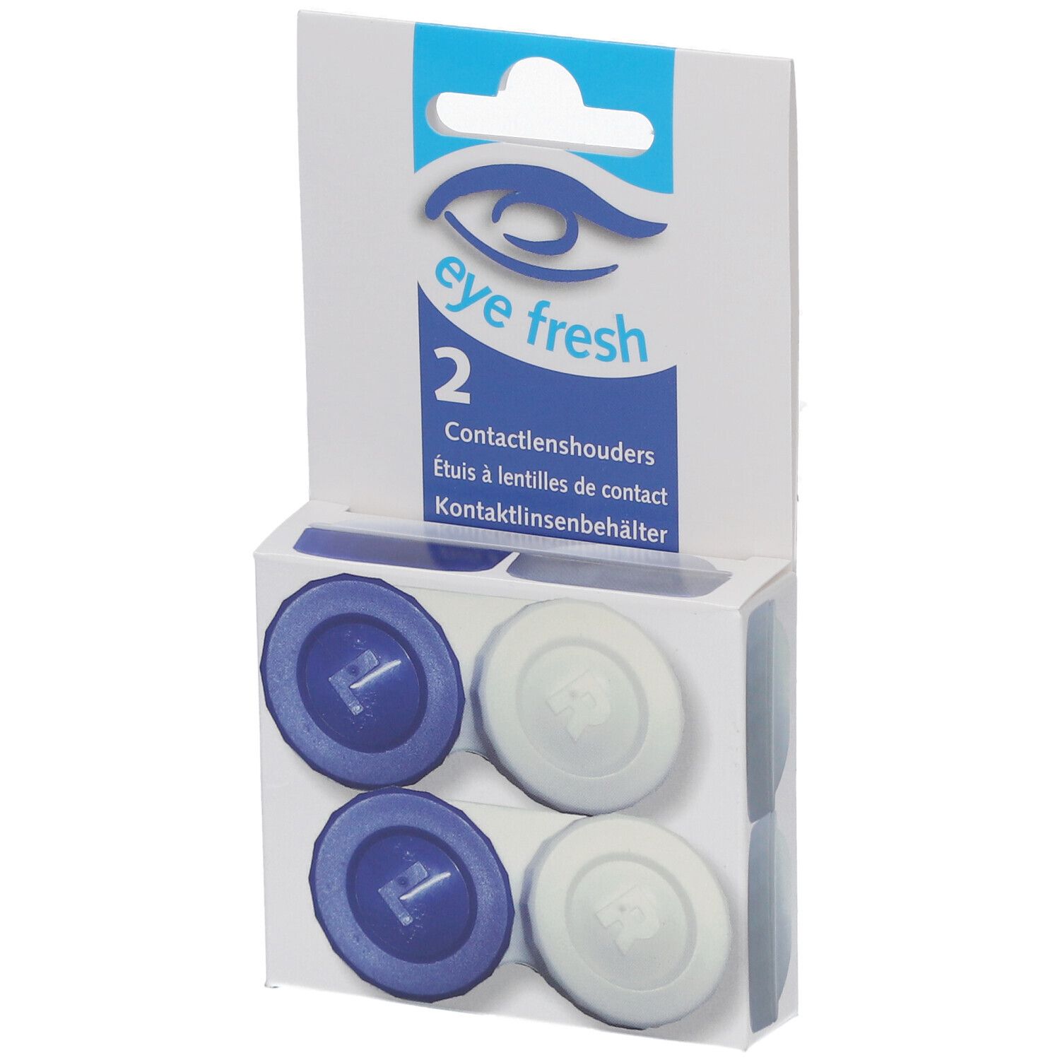 Verpackung mit zwei Kontaktlinsenbehältern. Blaue und weiße Behälter sind sichtbar. Marke: eye fresh.