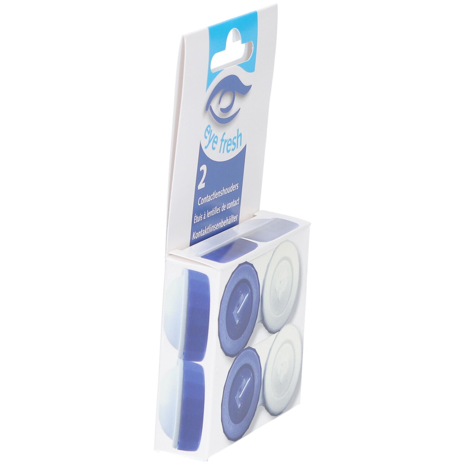 Verpackung mit zwei Kontaktlinsenbehältern. Blaue und weiße Behälter sichtbar. eye fresh Logo.