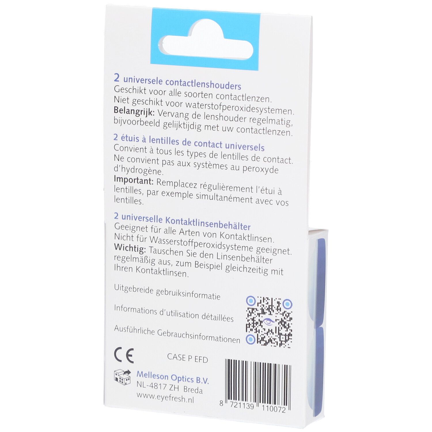 Rückseite der Verpackung mit Text. Informationen zu Kontaktlinsenbehältern. CE-Zeichen und QR-Code.