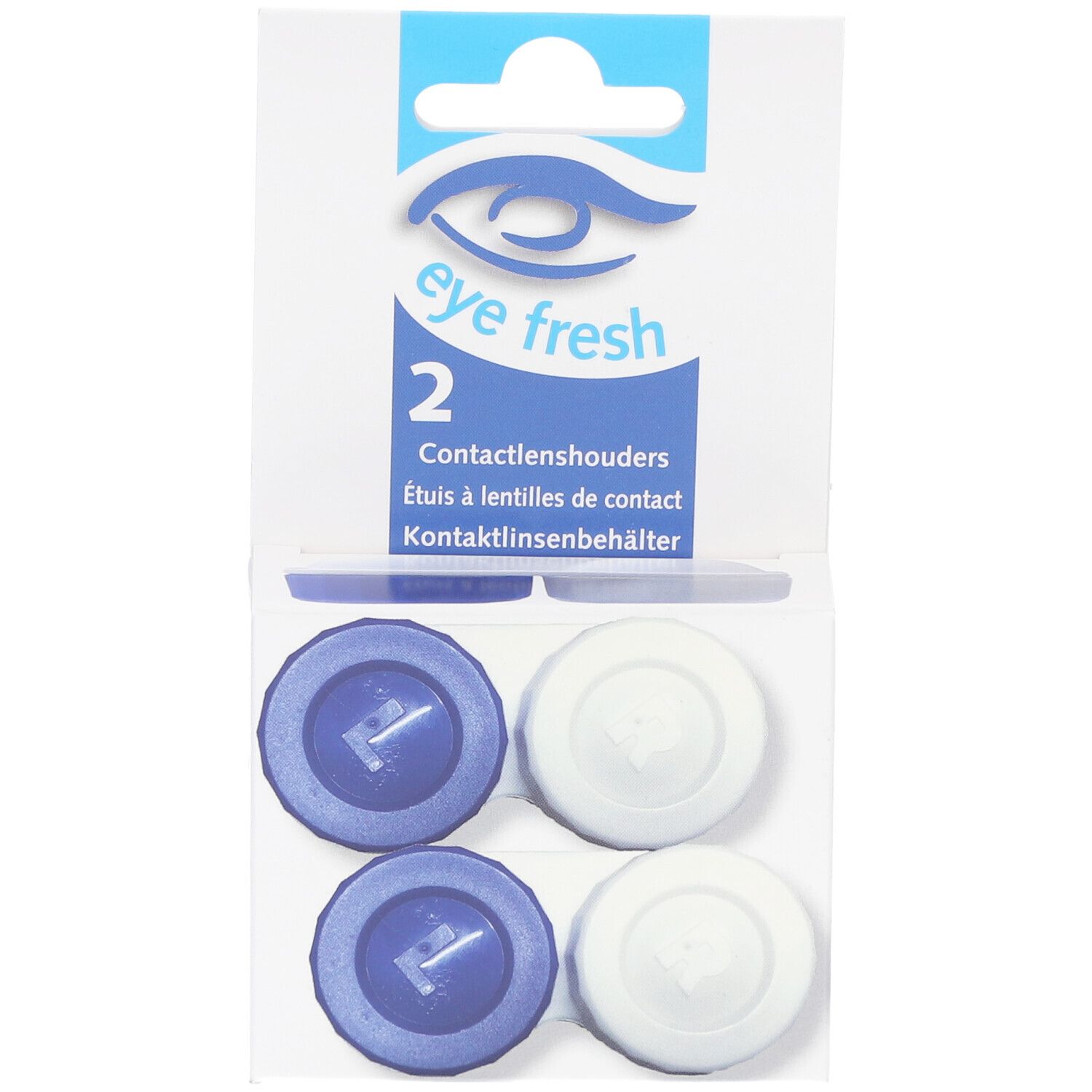 Verpackung mit zwei Kontaktlinsenbehältern. Blaue und weiße Behälter sichtbar. eye fresh Logo.