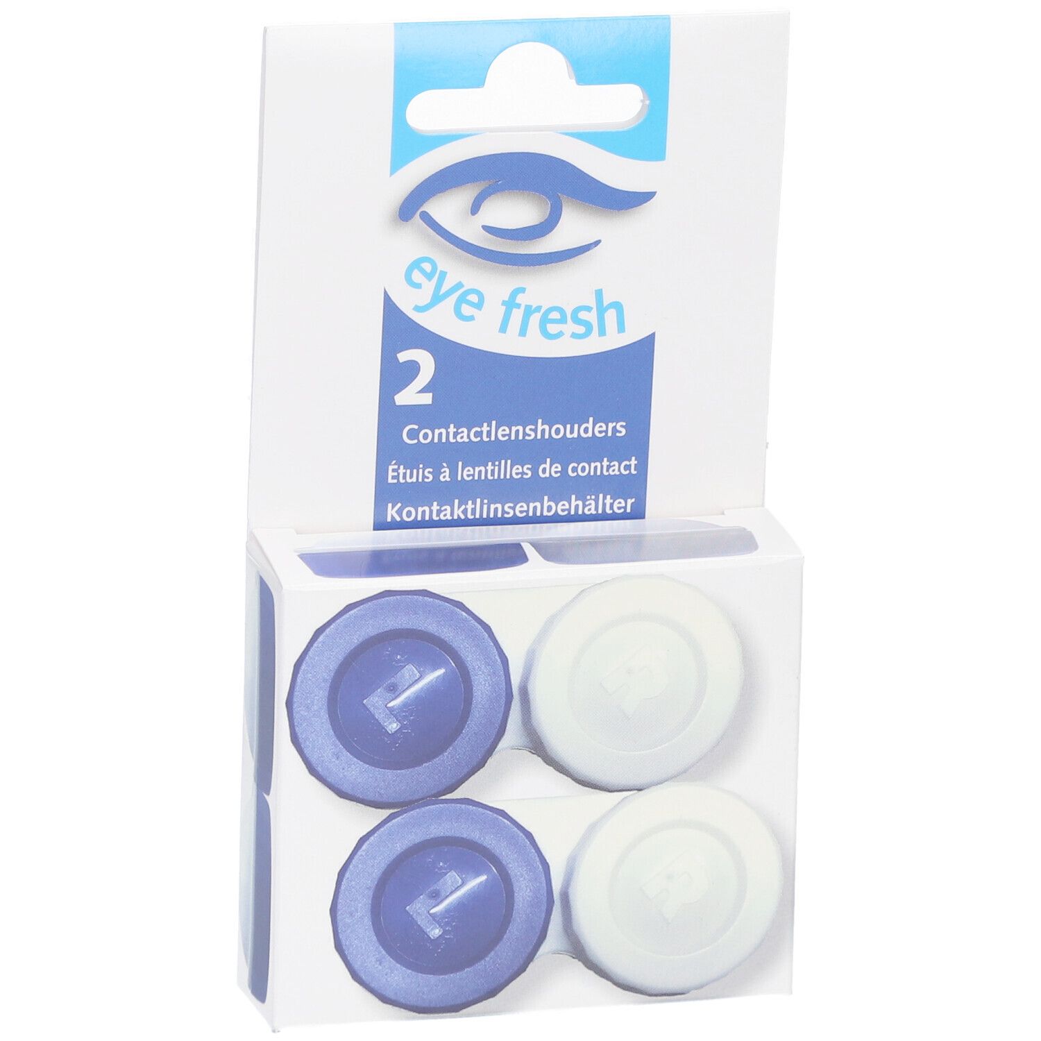 Verpackung mit zwei Kontaktlinsenbehältern. Blaue und weiße Behälter sichtbar. eye fresh Logo.