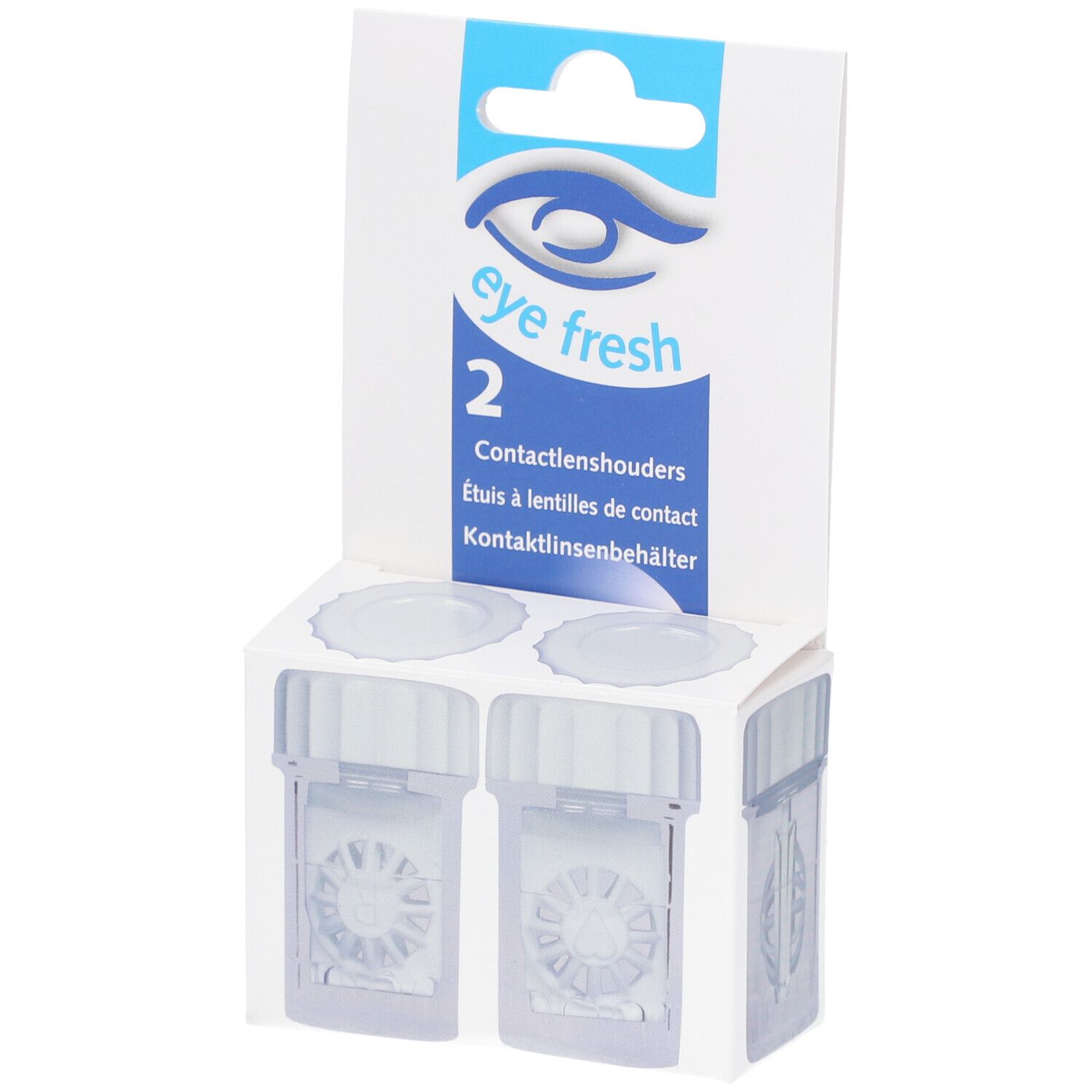 Zwei Kontaktlinsenbehälter in Verpackung. Marke: eye fresh. Klare, quadratische Behälter mit Deckeln.