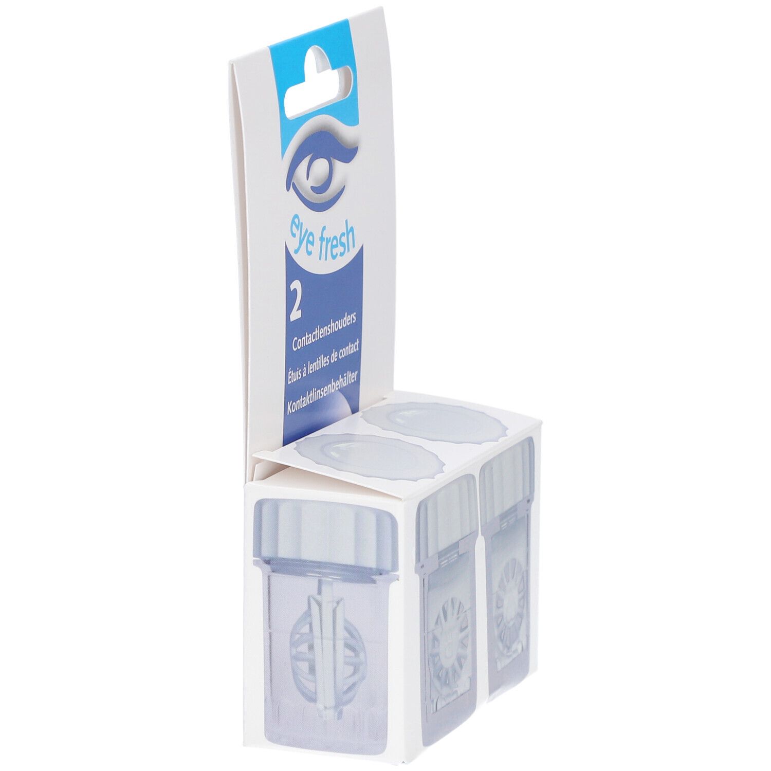 Kontaktlinsenbehälter-Verpackung. Marke: eye fresh. Zwei Behälter mit Deckeln. Verpackung mit Produktinformationen.