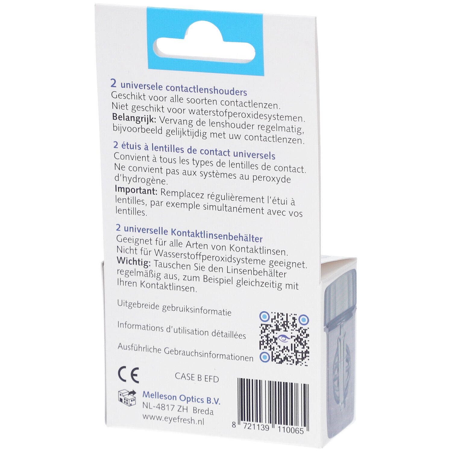 Rückseite der Verpackung. Text: 2 universelle Kontaktlinsenbehälter. Informationen in Deutsch, Französisch, Niederländisch. CE-Zeichen.