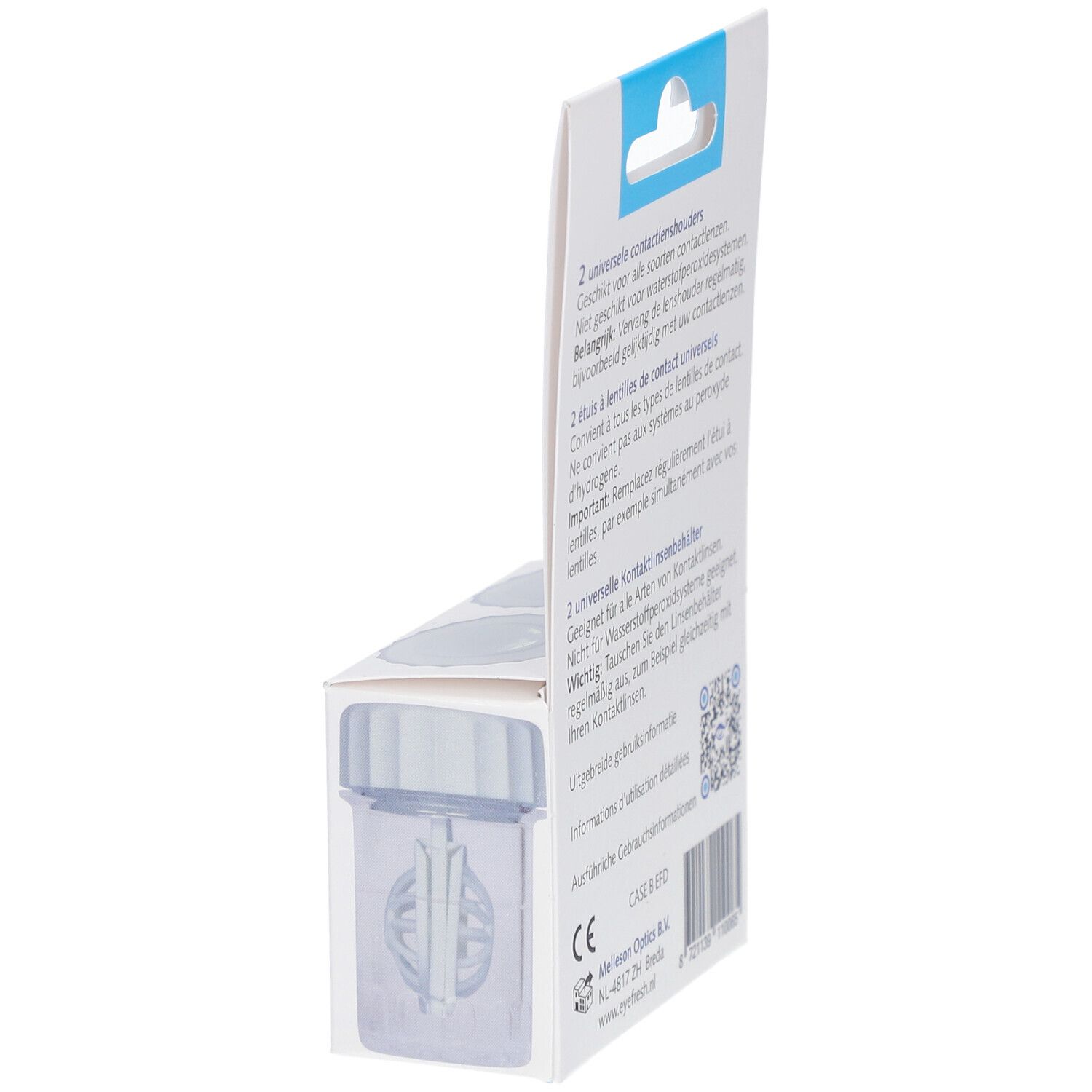Rückseite der Verpackung. Text: 2 universelle Kontaktlinsenbehälter. Informationen in Deutsch, Französisch, Niederländisch. CE-Zeichen.