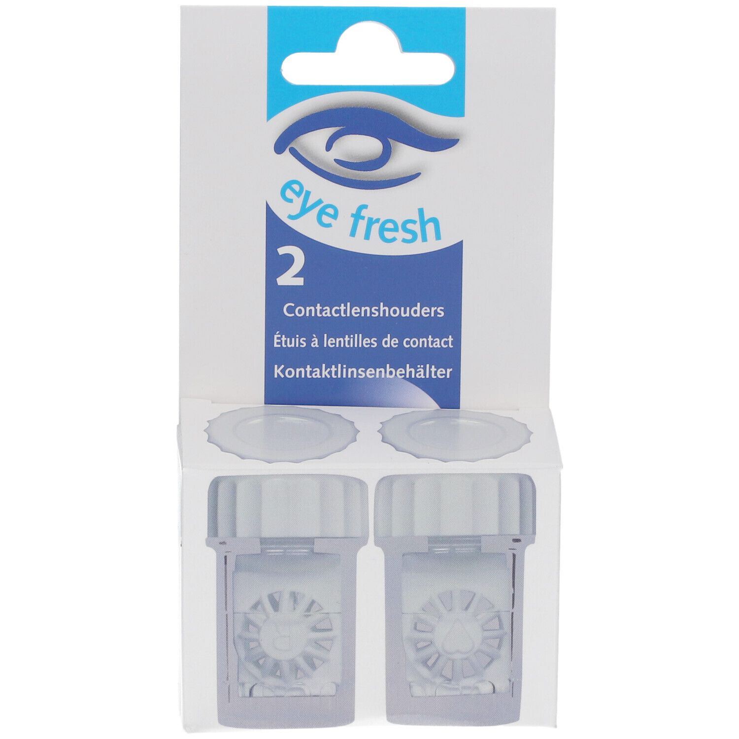 Zwei Kontaktlinsenbehälter in Verpackung. Marke: eye fresh. Klare, quadratische Behälter mit Deckeln.