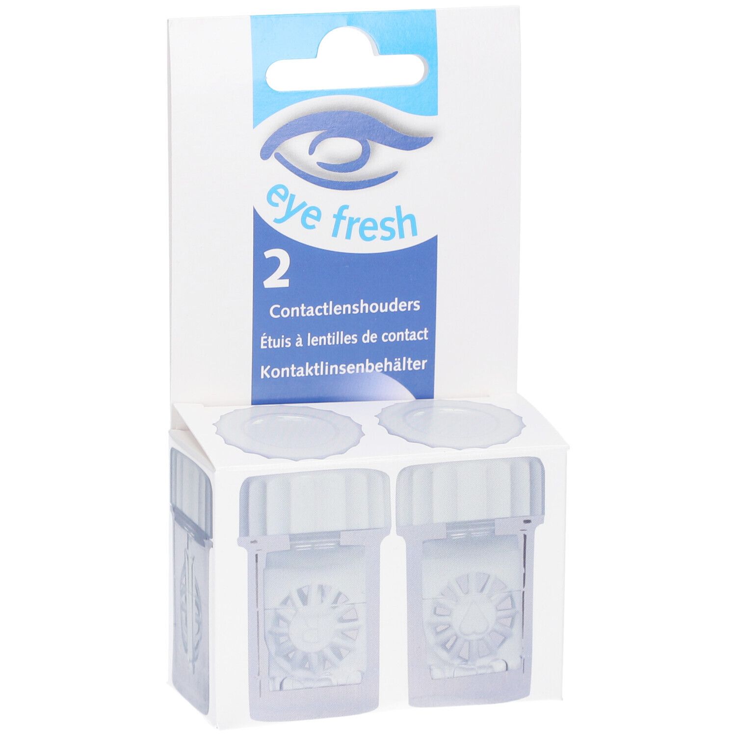 Zwei Kontaktlinsenbehälter in Verpackung. Marke: eye fresh. Klare, quadratische Behälter mit Deckeln.