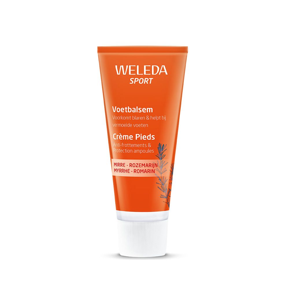 Tube orange avec bouchon blanc. Contient Weleda Sport Foot Balm. Texte: Foot Balm, Crème Pieds, Myrrhe-Romarin.