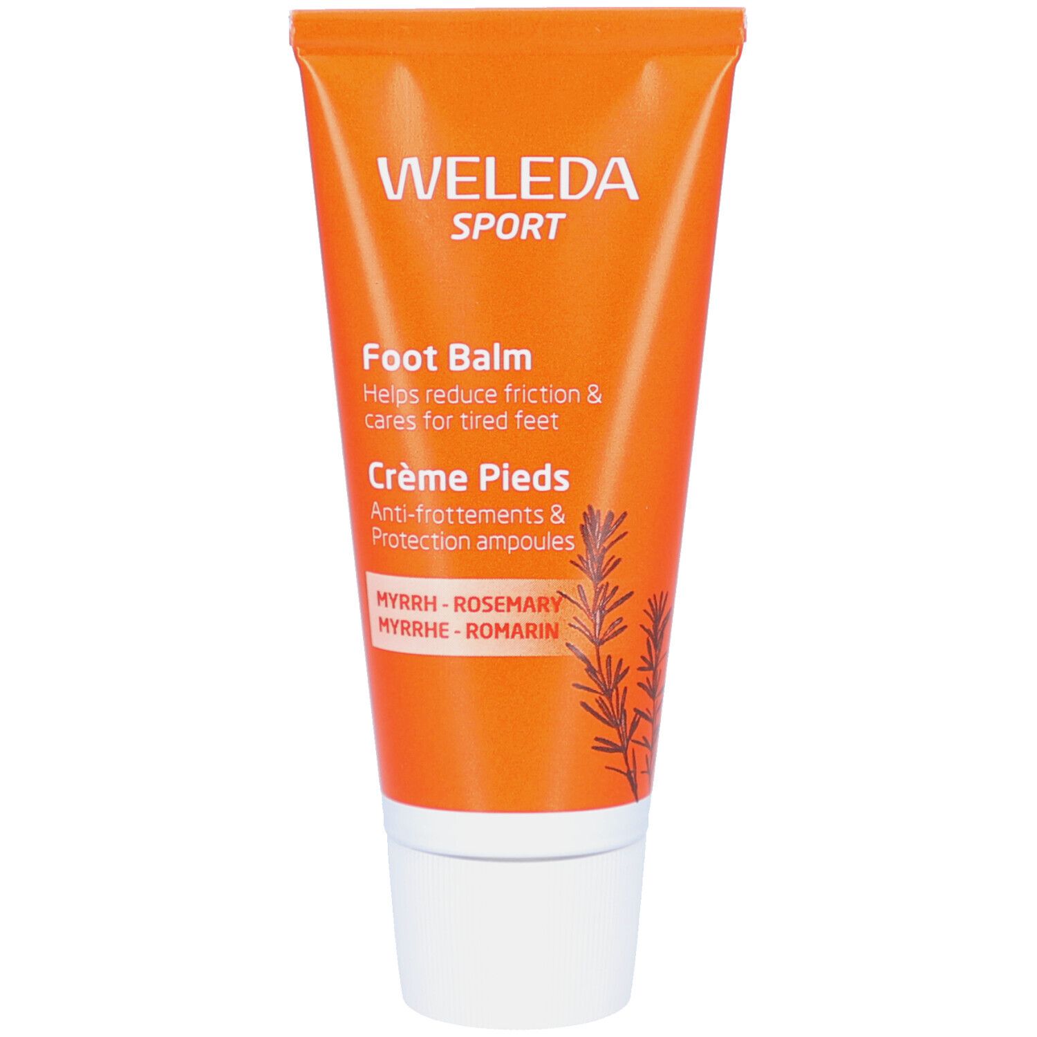 Orange Tube mit weißem Verschluss. Enthält Weleda Sport Foot Balm. Text: Foot Balm, Crème Pieds, Myrrhe-Rosmarin.