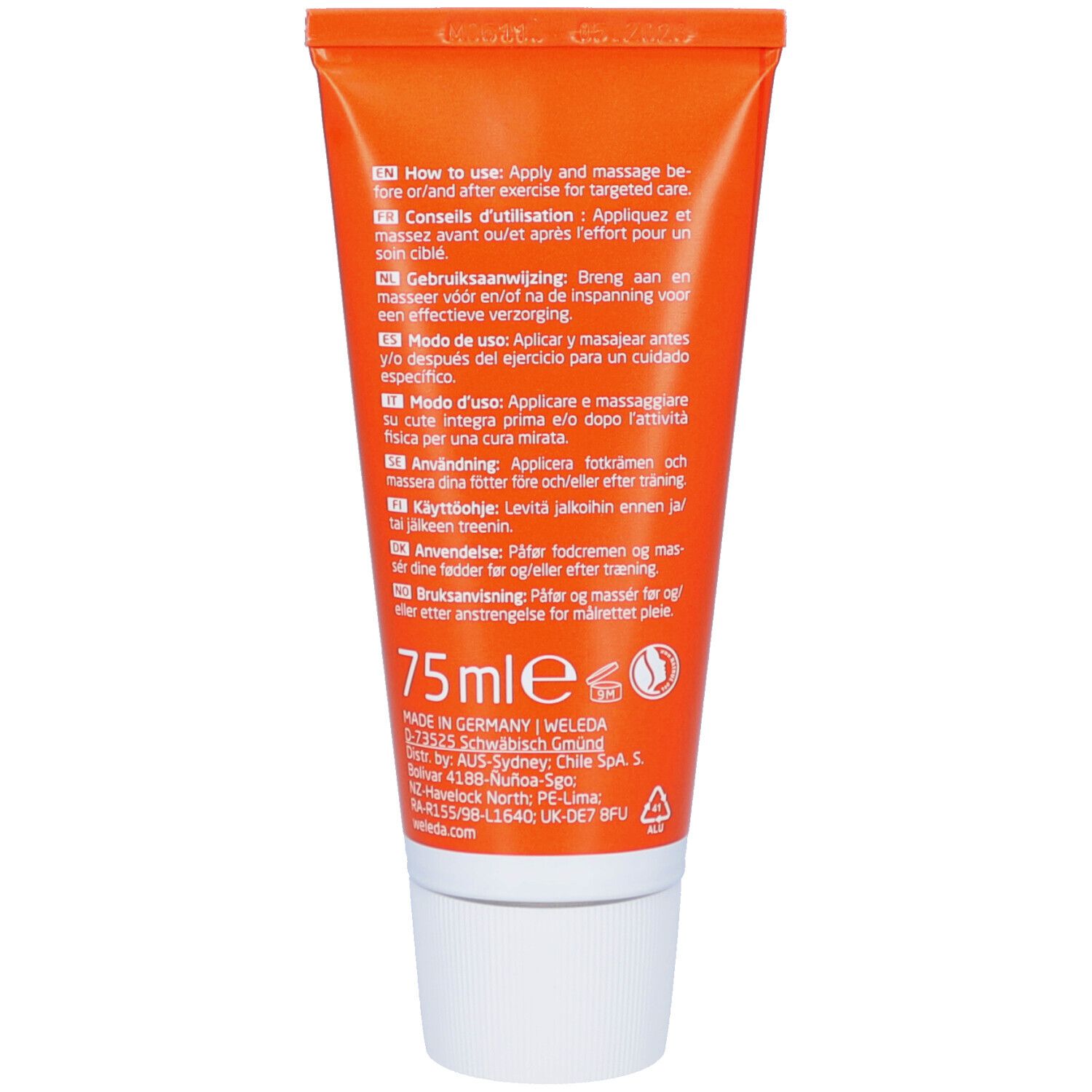 Rückseite der Tube. Text in mehreren Sprachen: Anwendung, 75ml, Made in Germany, Weleda-Adresse.